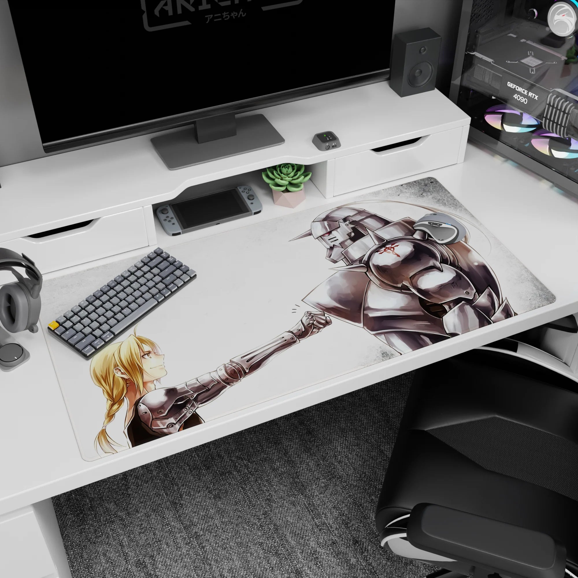 Edward and Alphonse Elric fist-bump scene anime desk pad 40x20 inches, metal arm meets armor.