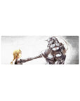 32x12 inches anime mouse pad with alchemist girl fist-bumping towering steel armor, silver plates and spikes.