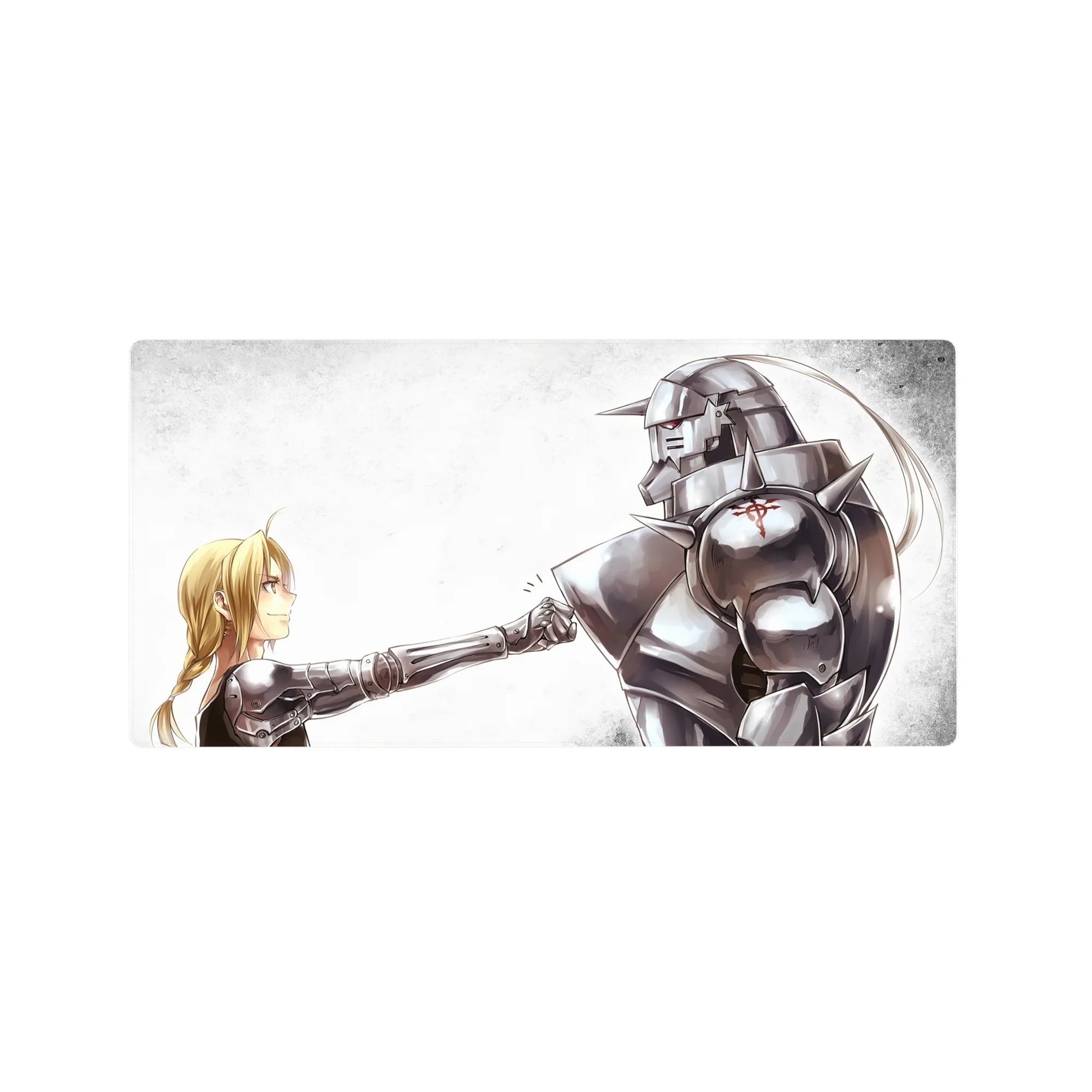 32x16 inches anime mouse pad with blond alchemist and spiked steel armor fist bump, crisp edge-to-edge print.