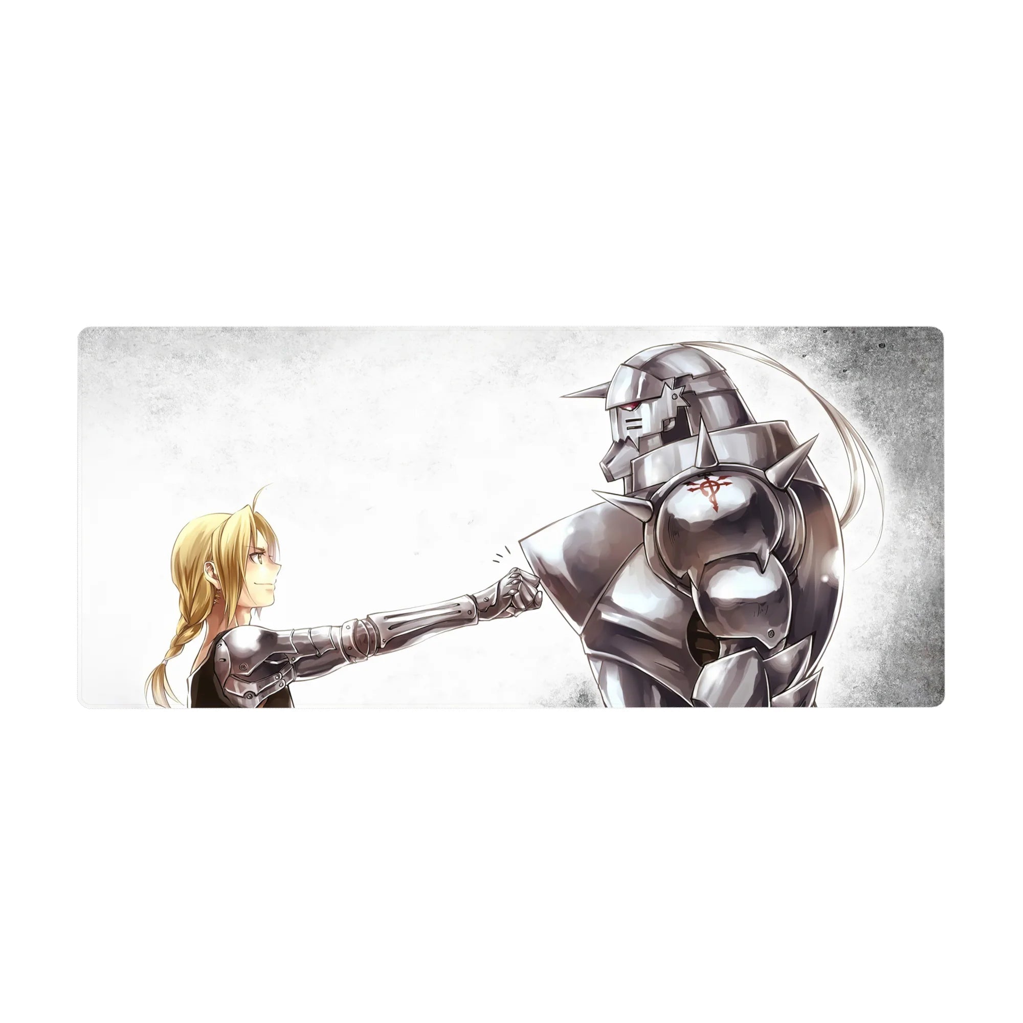 36x16 inches anime desk pad with blond alchemist and steel armor fist bump, silver plates, red emblem.