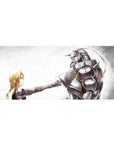 36x16 inches anime desk pad with blond alchemist and steel armor fist bump, silver plates, red emblem.