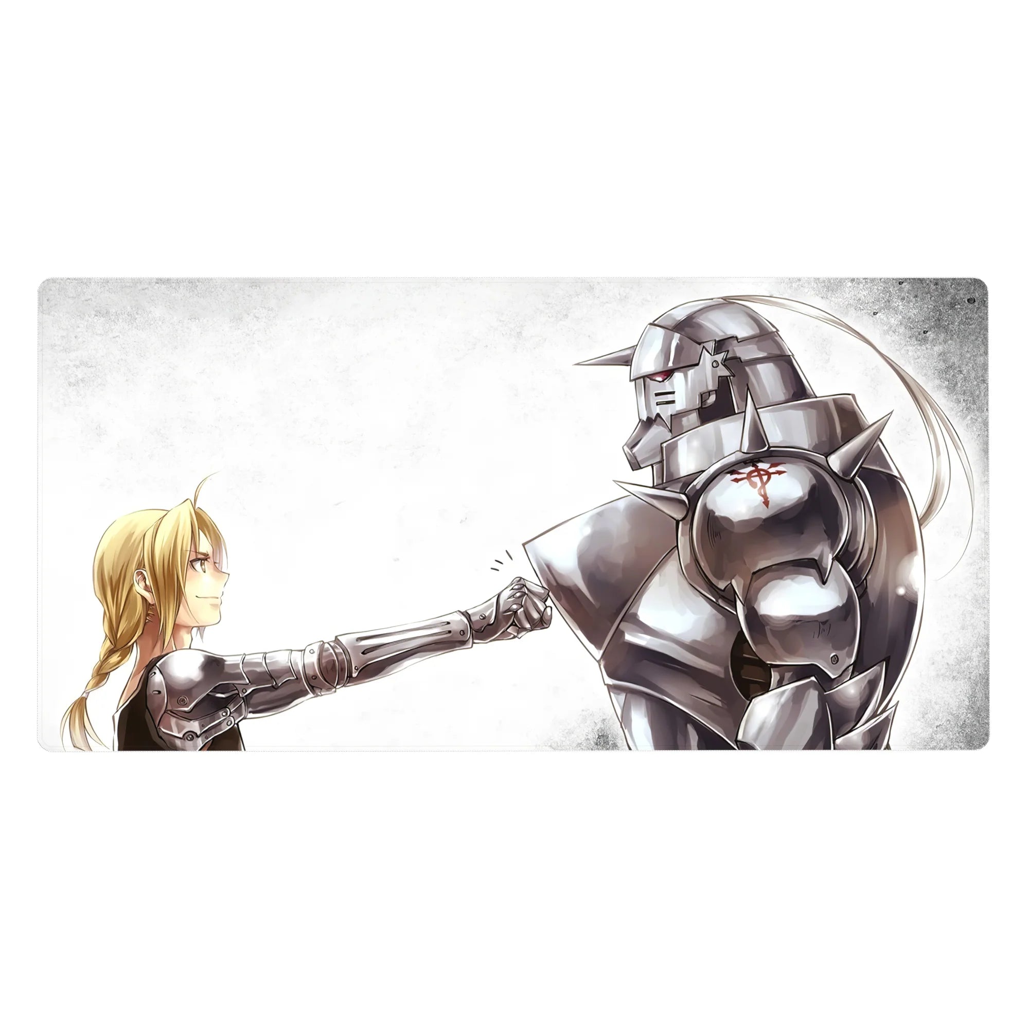 Fullmetal Alchemist anime desk pad 40x20 inches, girl and steel armor fist bump in airy grayscale.