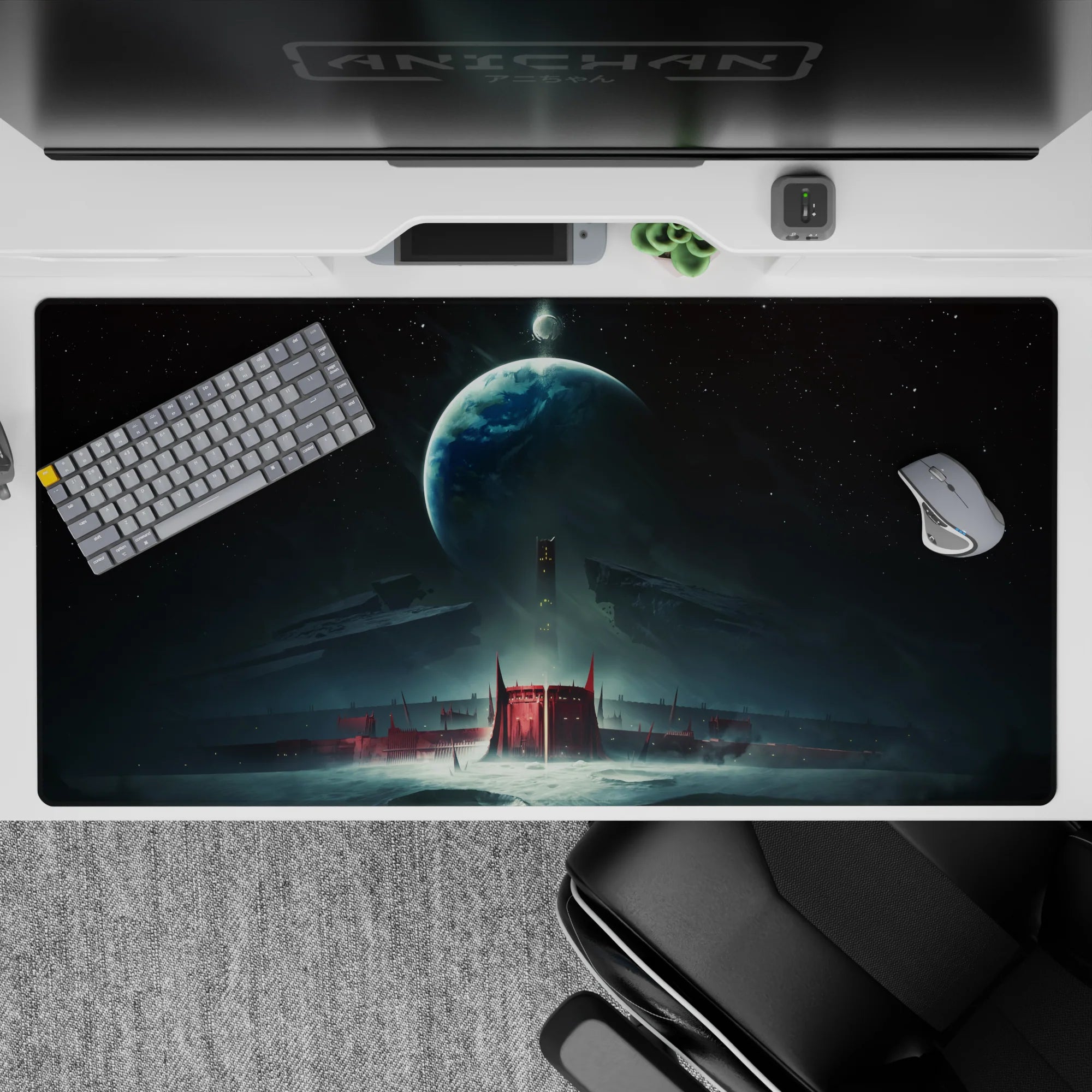 Moody teal haze desk pad 40x20 inches with starry black sky, misty gradients, and crimson focal glow.