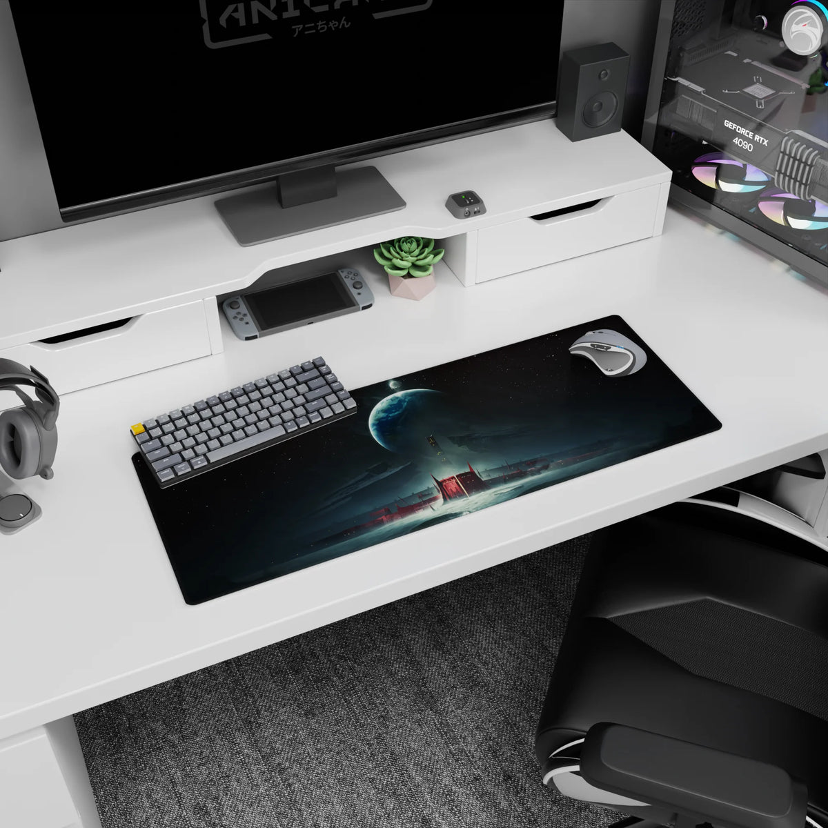 Giant planet over a glowing red citadel mouse pad 32x12 inches, framed by floating wreck silhouettes.