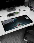 Giant planet over a glowing red citadel mouse pad 32x16 inches with floating wrecks and star field.