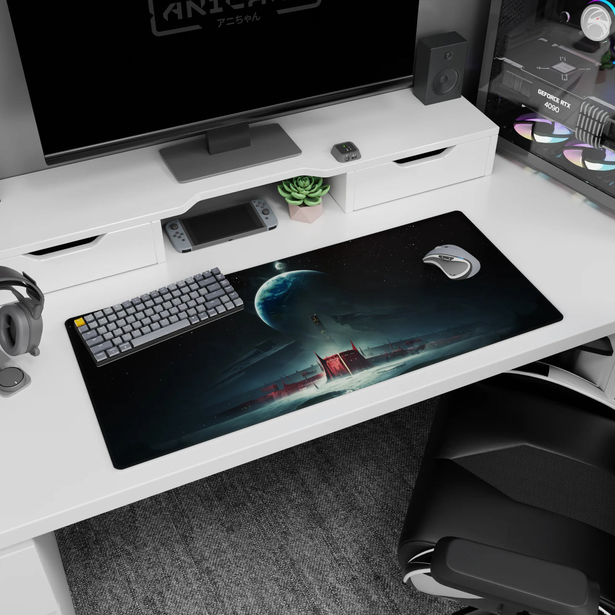 36x16 inches desk pad showing a towering red citadel framed by floating wreck silhouettes under a huge planet.