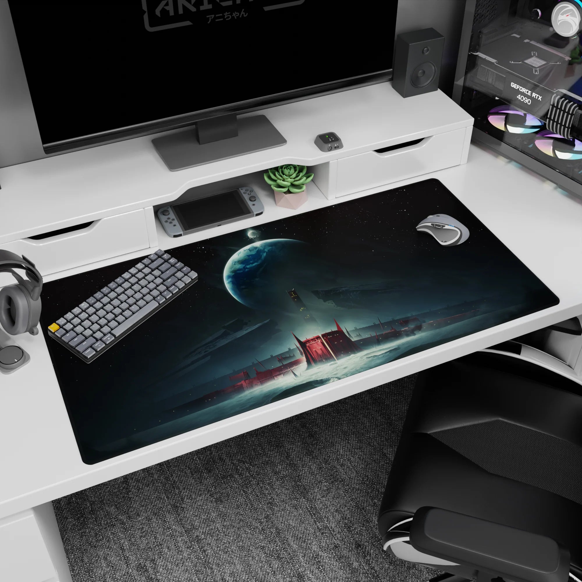 Giant planet over a red citadel desk pad 40x20 inches, framed by razor wreck silhouettes in deep space.
