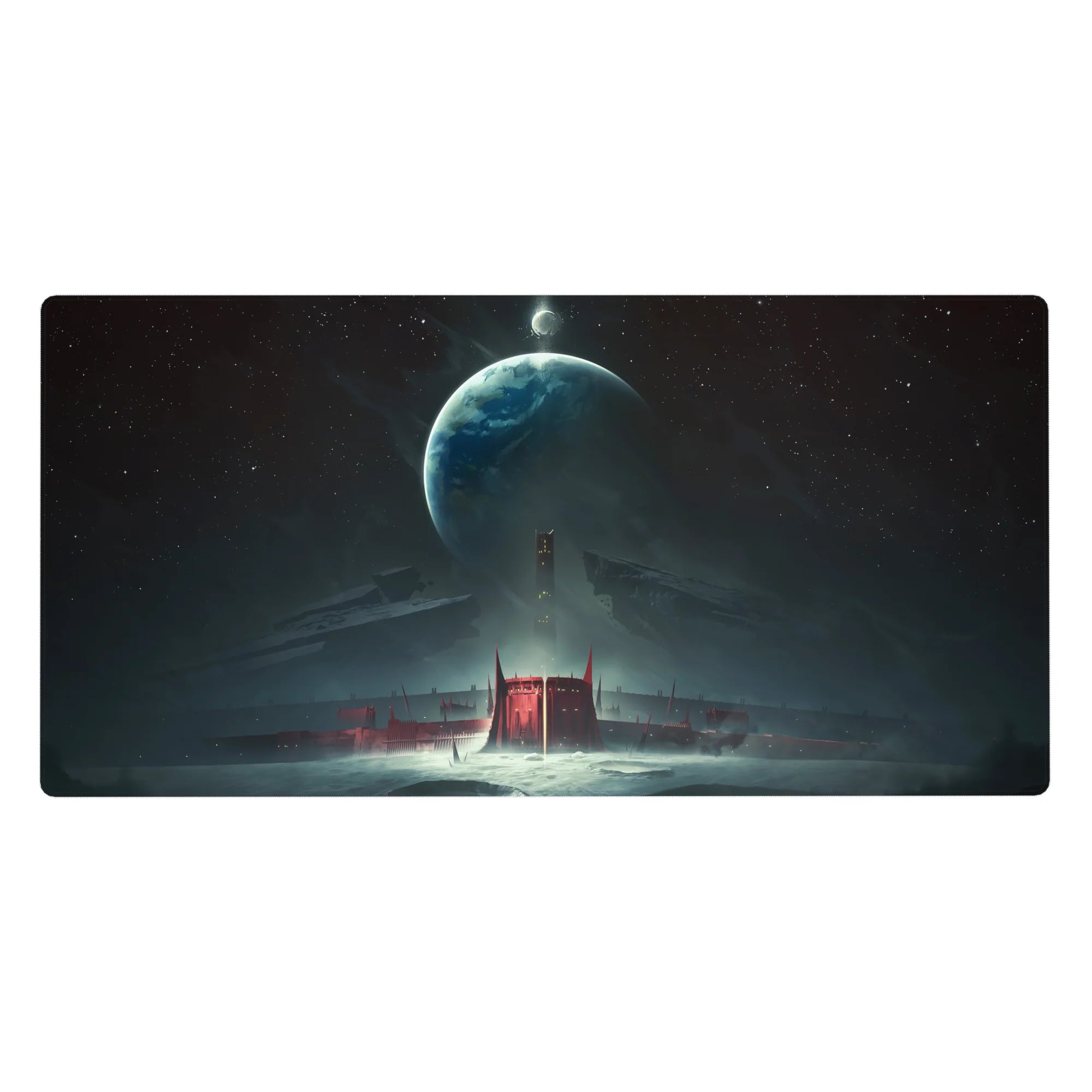 Space-themed desk pad 40x20 inches with giant planet, floating wreck silhouettes, and glowing red citadel.