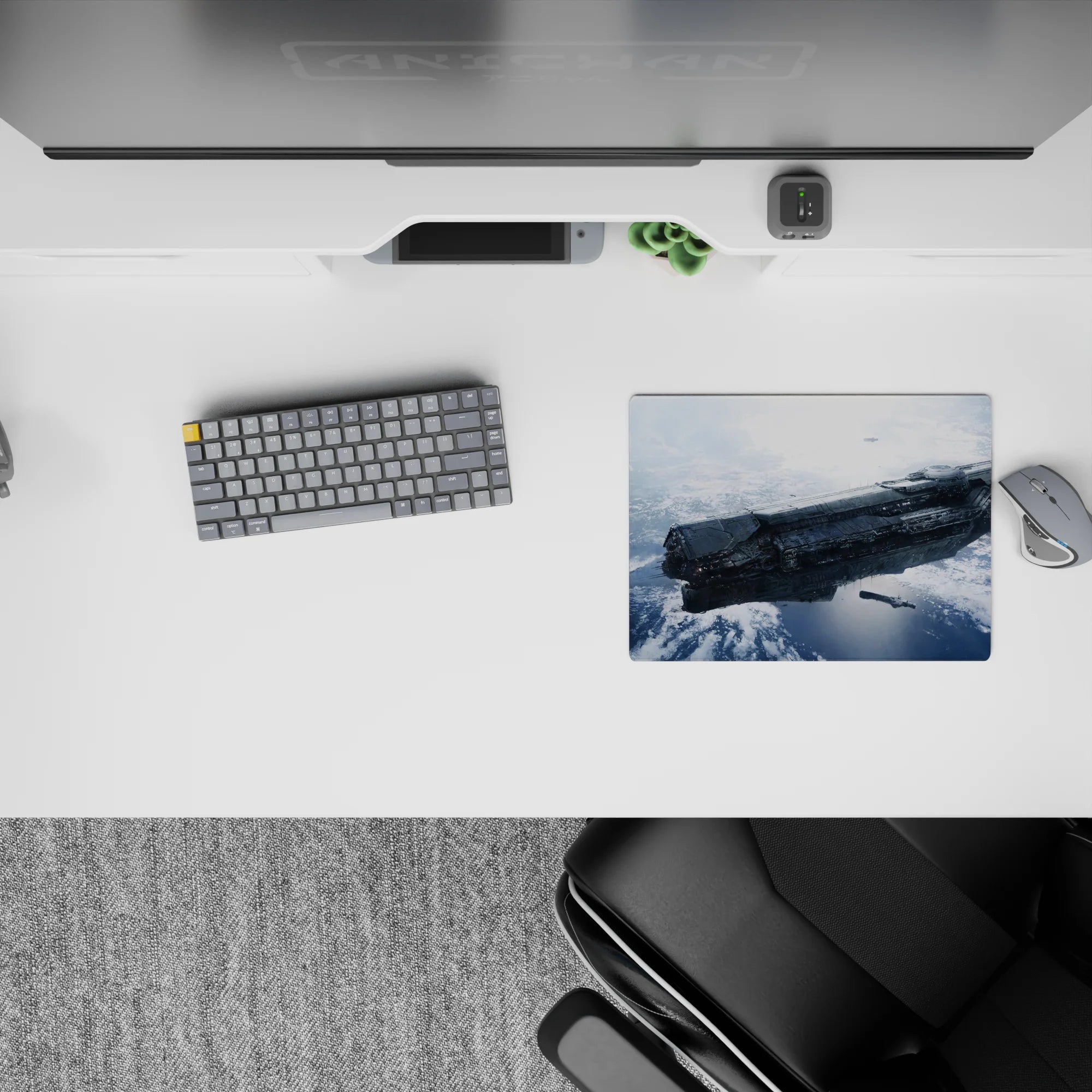 Steel gray spacecraft on frosty blue clouds, calm moody vibe classic mouse pad 14x10 inches.