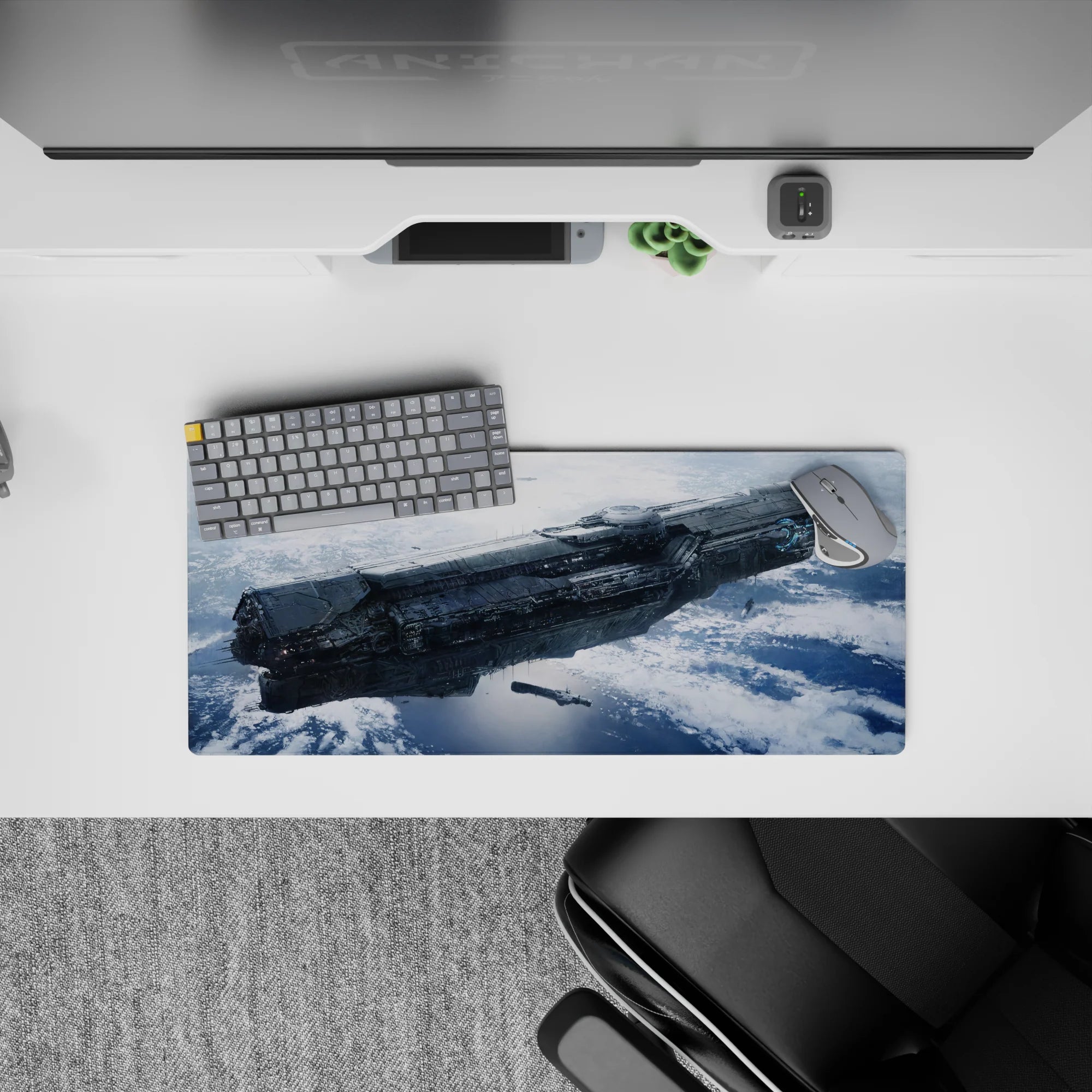 Steel gray and frosty blue moody space scene mouse pad, 28x12 inches.