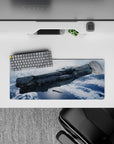 Steel gray and frosty blue moody space scene mouse pad, 28x12 inches.