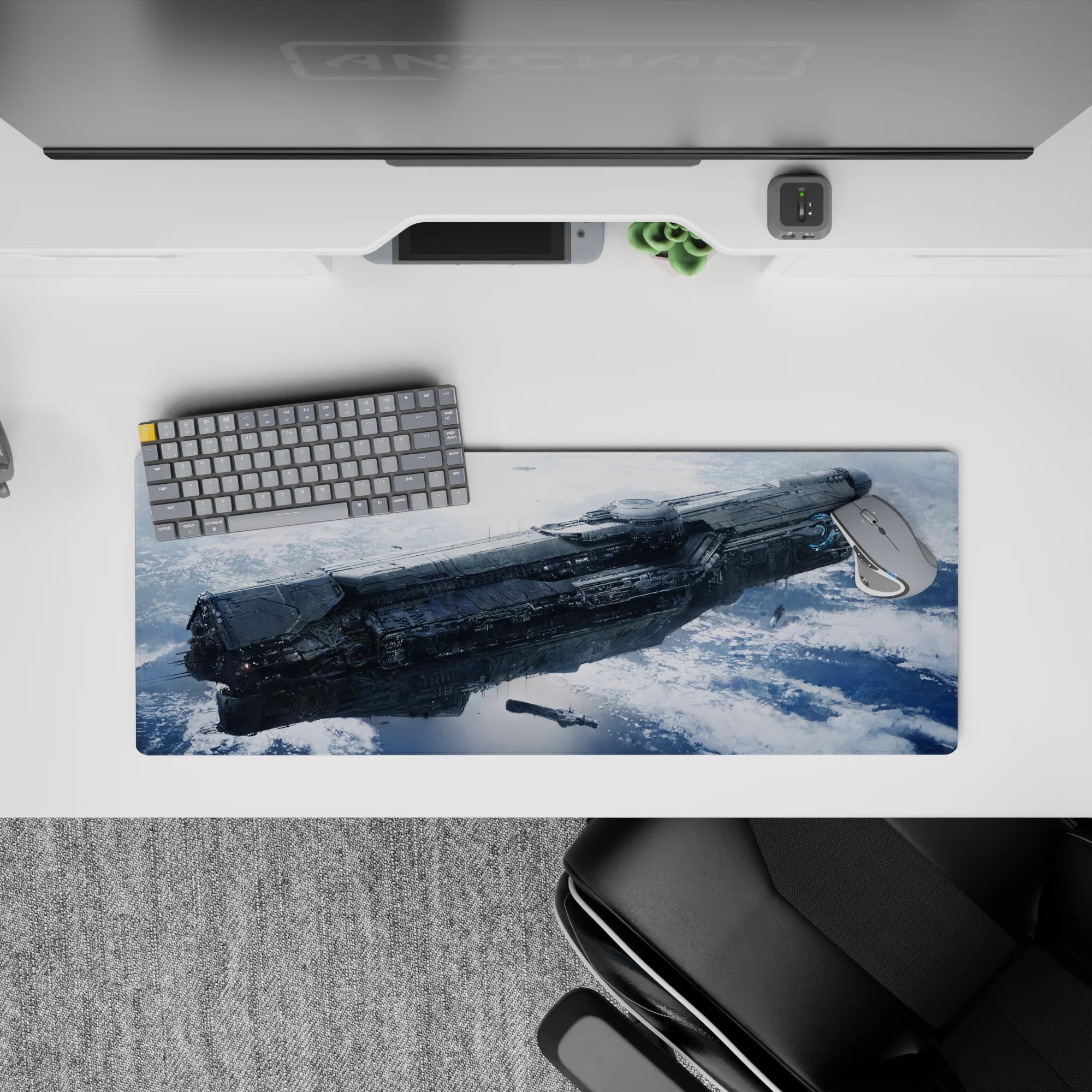 Moody steel gray and frosty blue desk mouse pad 32x12 inches, calm space vibe for late-night work.