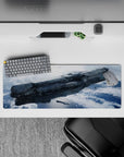 Moody steel gray and frosty blue desk mouse pad 32x12 inches, calm space vibe for late-night work.