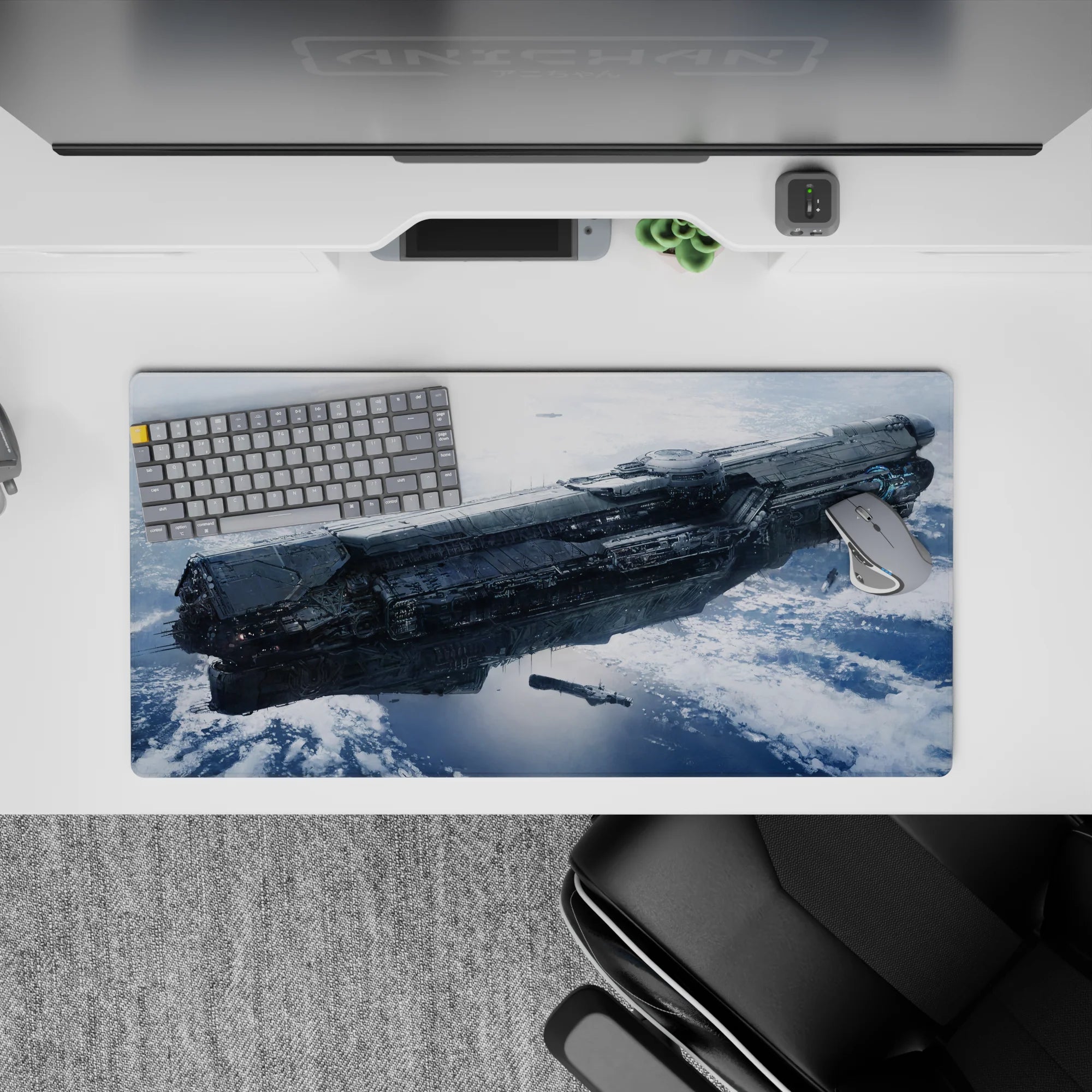 Moody steel-gray and frosty blue space desk pad, calm warp-ready vibe, 32x16 inches.