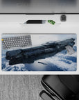 Moody steel-gray and frosty blue space desk pad, calm warp-ready vibe, 32x16 inches.