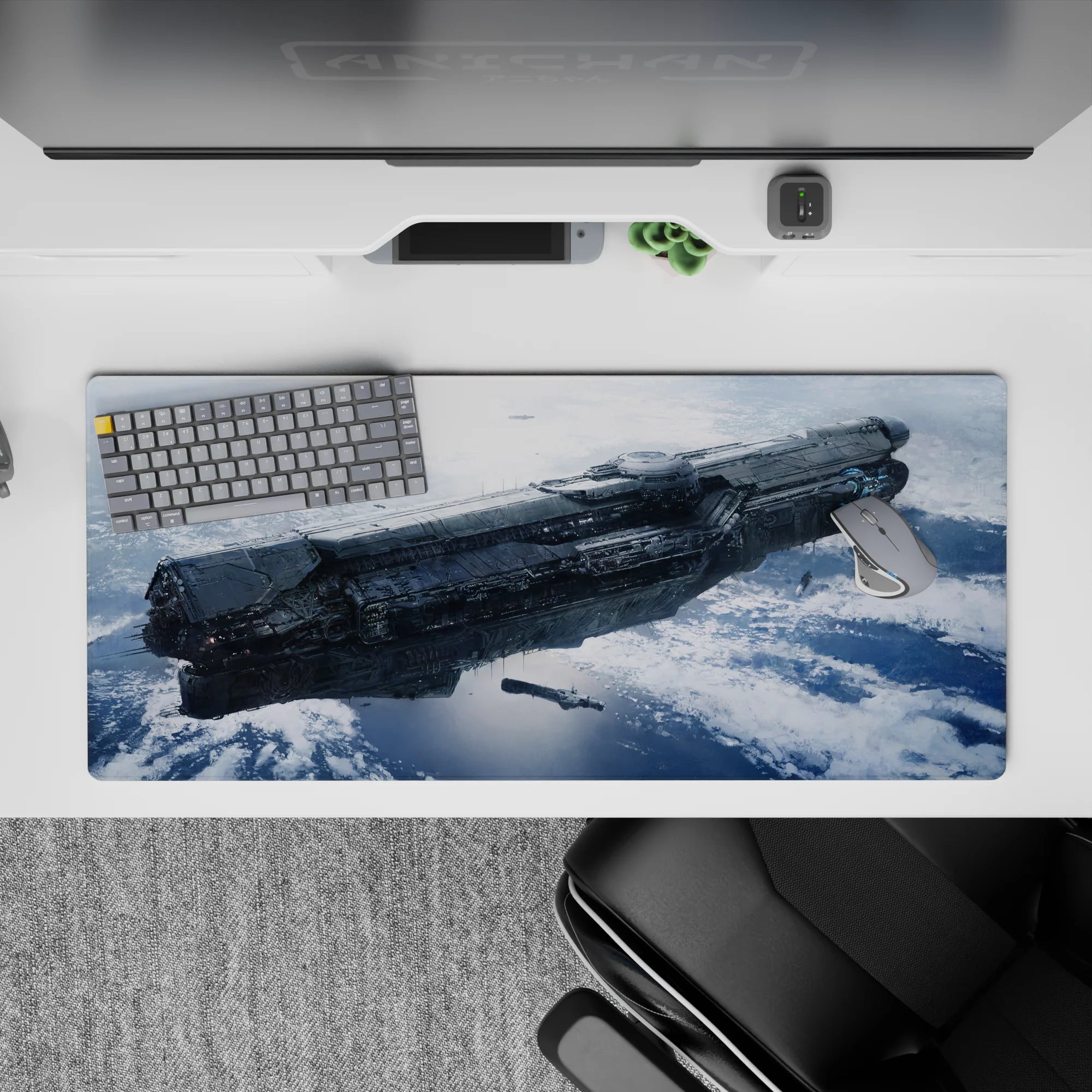 Moody sci-fi desk pad 36x16 inches in steel grays and icy blues with calm, cloudy haze.