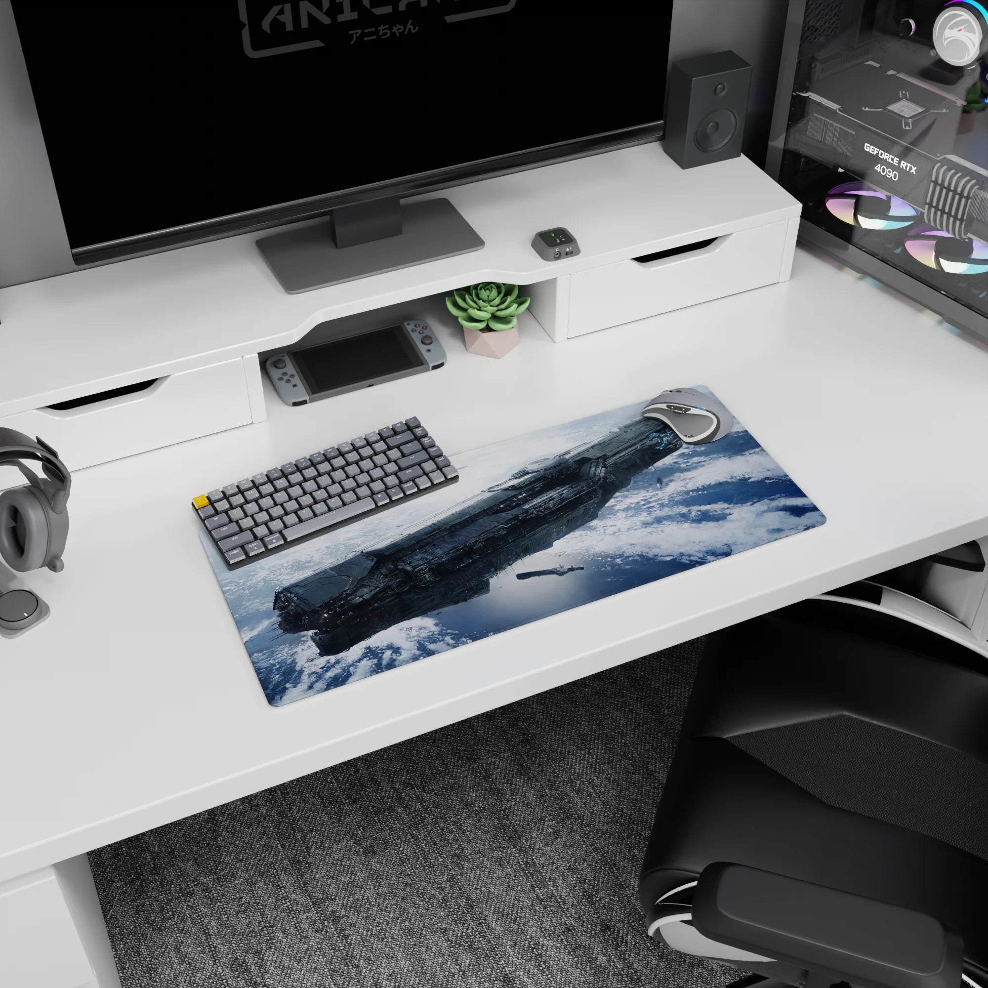 Sleek starship drifting above a cloudy blue planet desk pad, 28x12 inches.