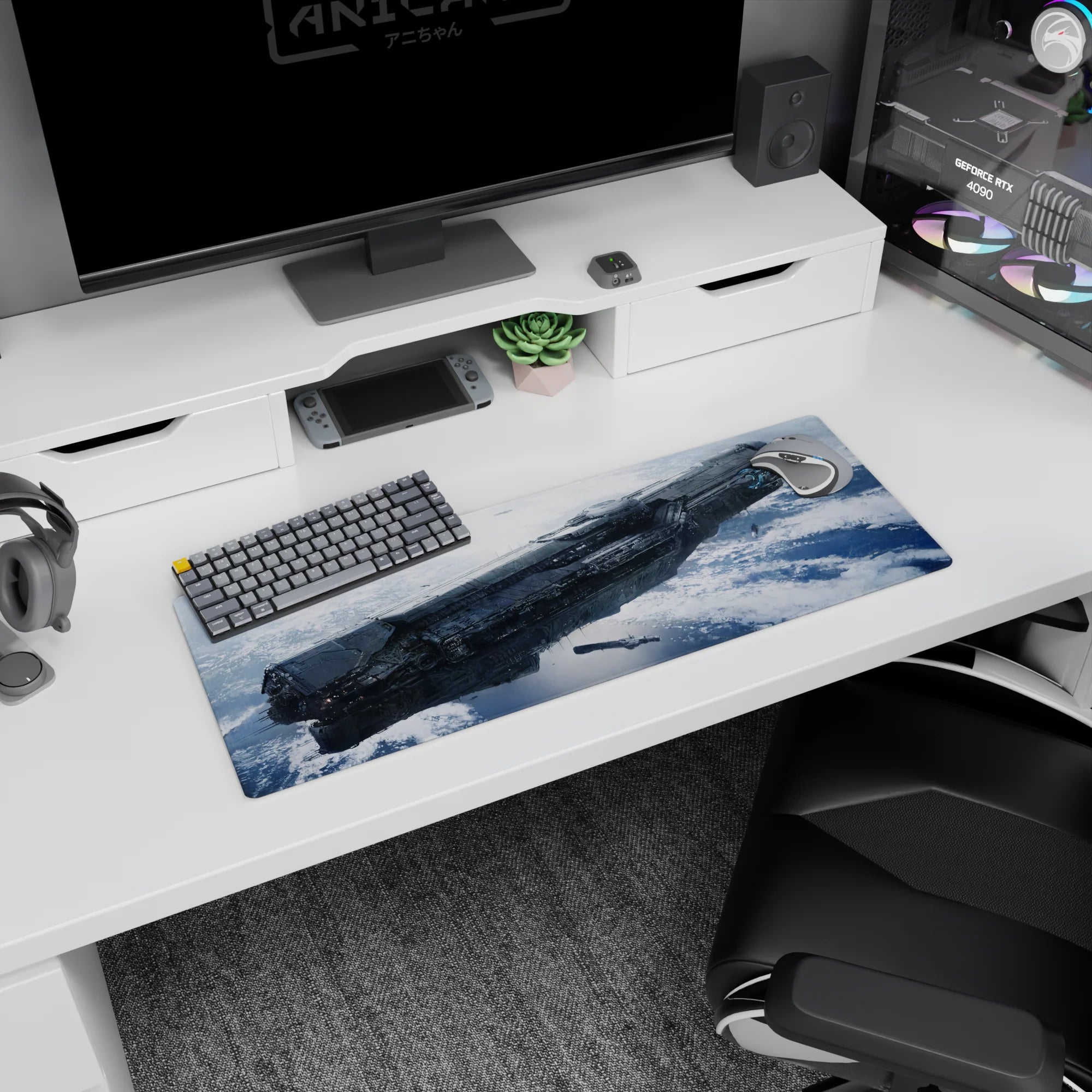 Spaceship gliding above a blue ice planet on desk mouse pad 32x12 inches, crisp panel details and haze.