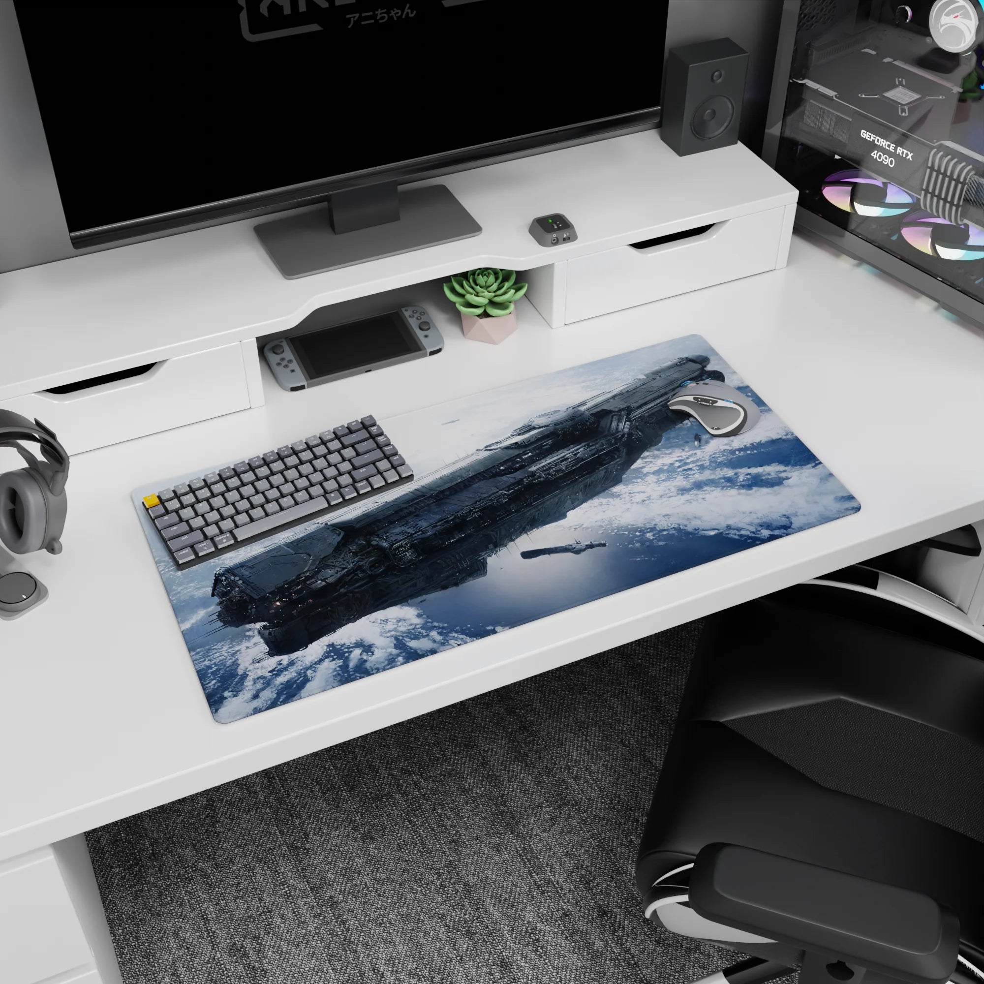 Sleek starship drifting above a blue frozen world scene on desk mouse pad, 32x16 inches.
