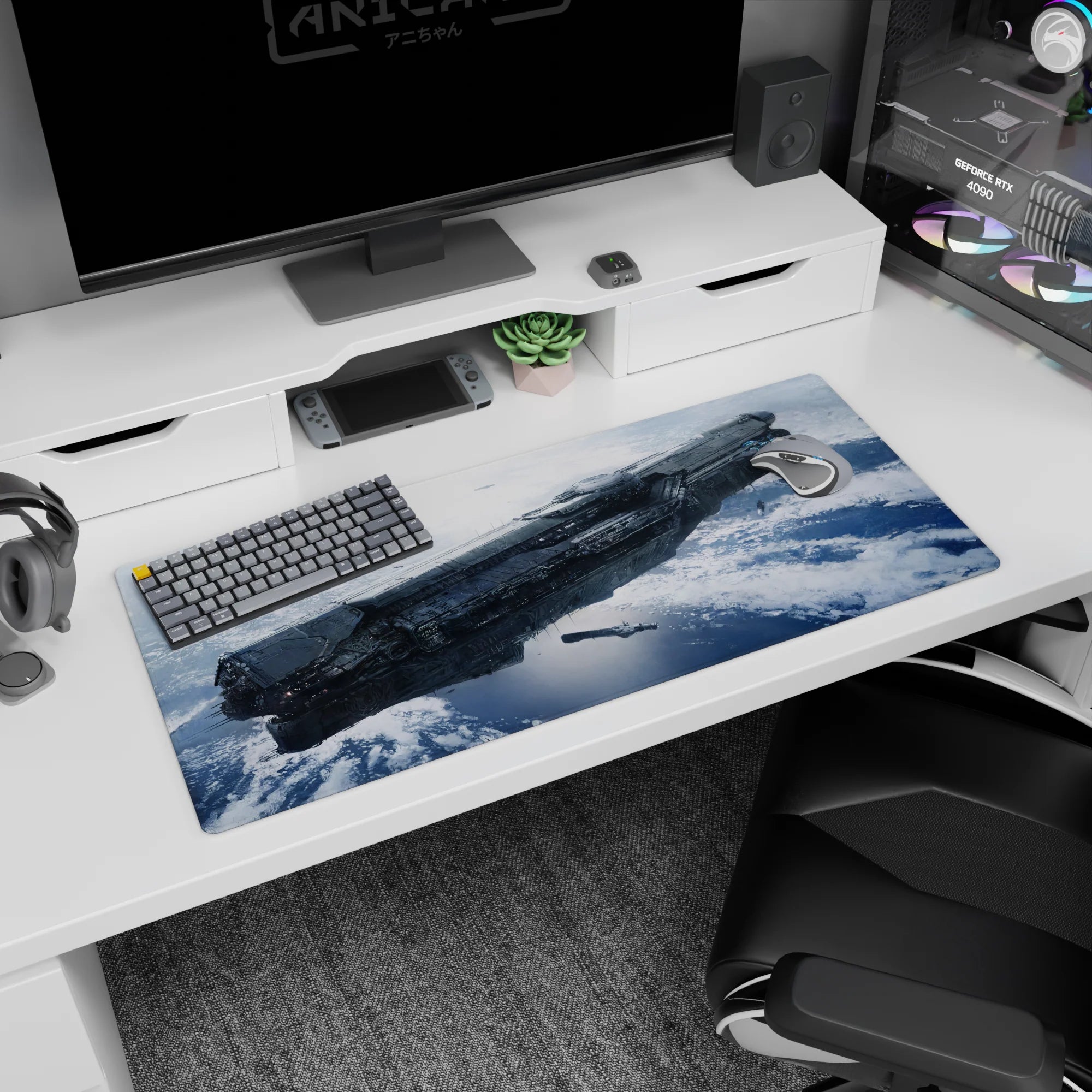 Steel-gray starship drifting above an icy blue planet desk pad 36x16 inches for space-themed setups.