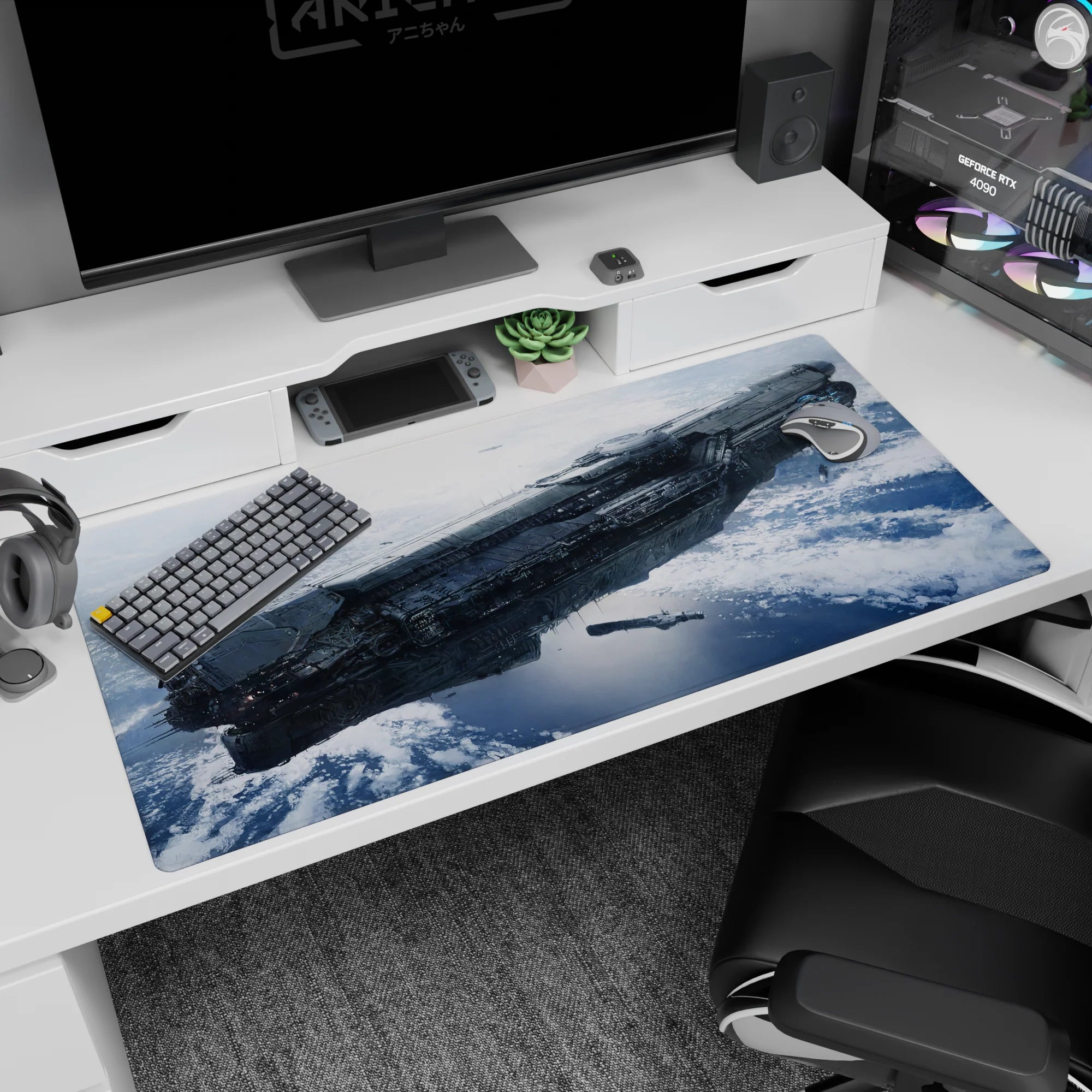 Sleek starship drifting above a cloudy blue ice world desk pad, 40x20 inches.