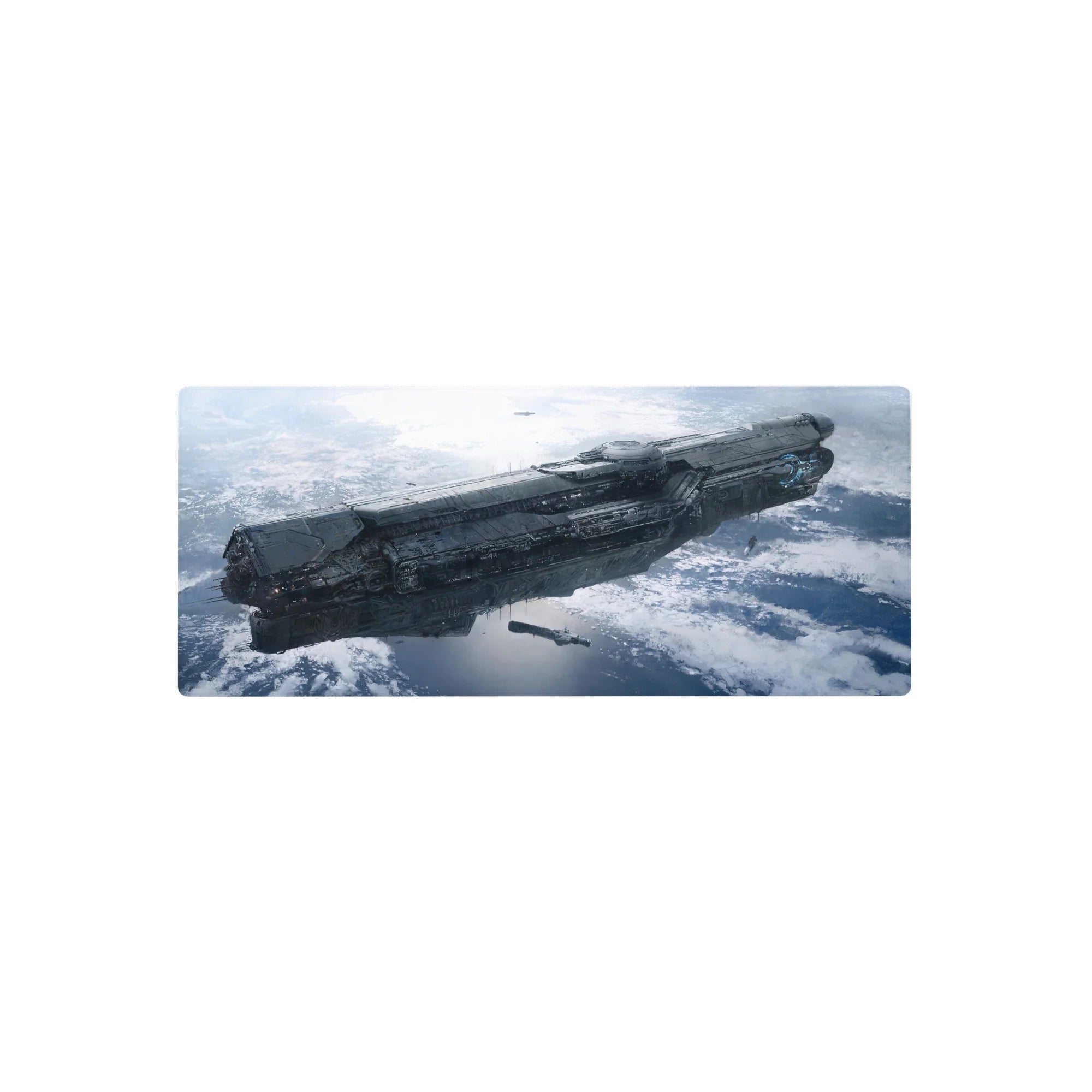 Starship over icy planet sci-fi desk mouse pad, extended size 28x12 inches.
