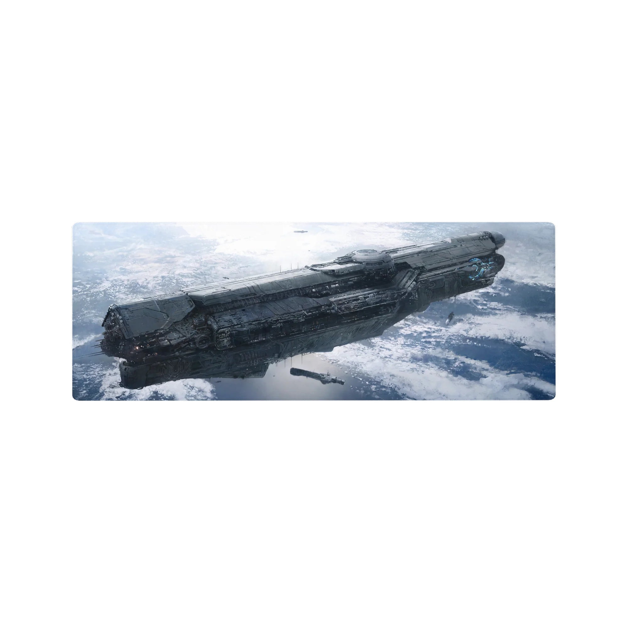 Starship scene desk mouse pad 32x12 inches with detailed sci-fi spacecraft over icy planet backdrop.
