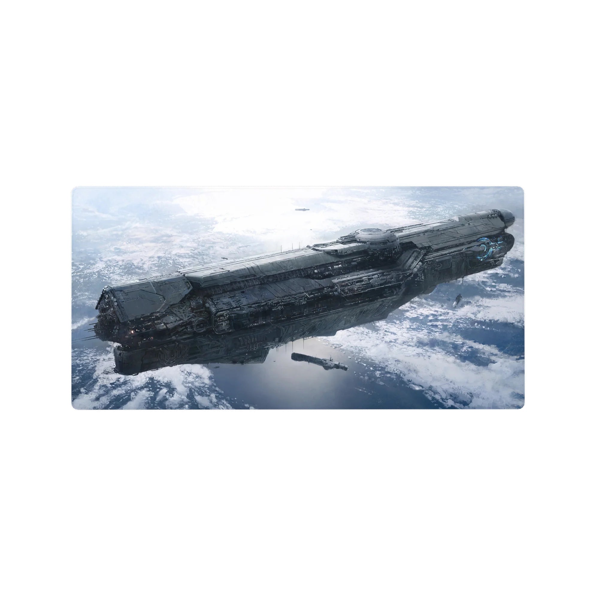 Starship over icy planet sci-fi desk mouse pad, extended 32x16 inches.