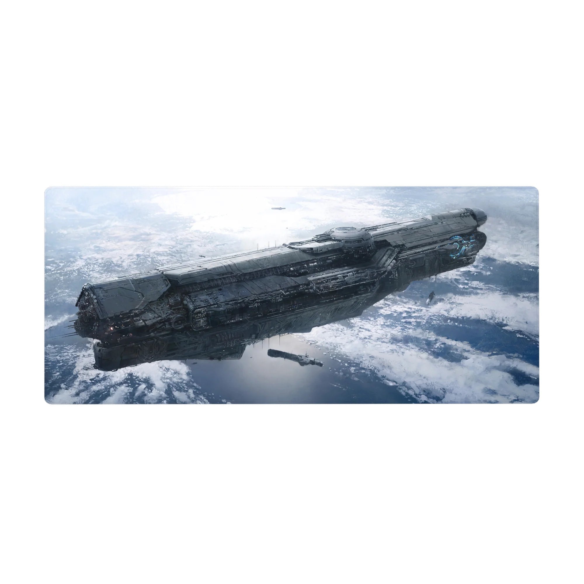 Starship scene desk pad 36x16 inches with sleek steel-gray spacecraft over a frosty blue planet.