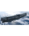 Starship scene desk pad 36x16 inches with sleek steel-gray spacecraft over a frosty blue planet.