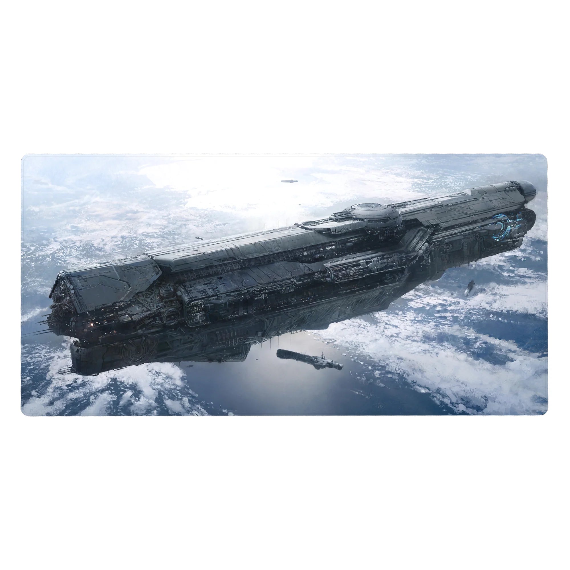 Starship over icy planet sci-fi desk pad, 40x20 inches, detailed steel gray scene.