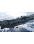 Starship over icy planet sci-fi desk pad, 40x20 inches, detailed steel gray scene.
