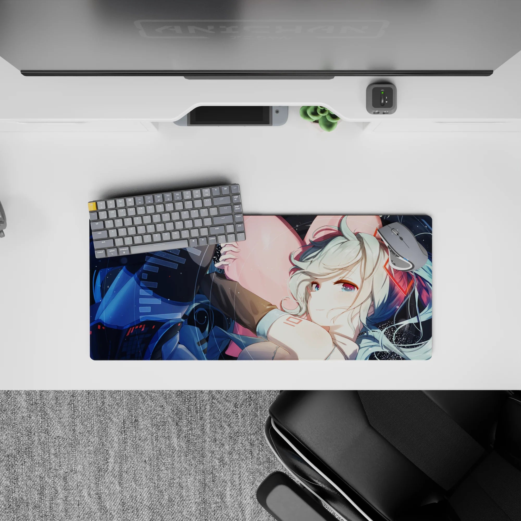 28x12 inches desk mouse pad in deep space blues with sparkles, red accents, and a cozy late-night vibe.