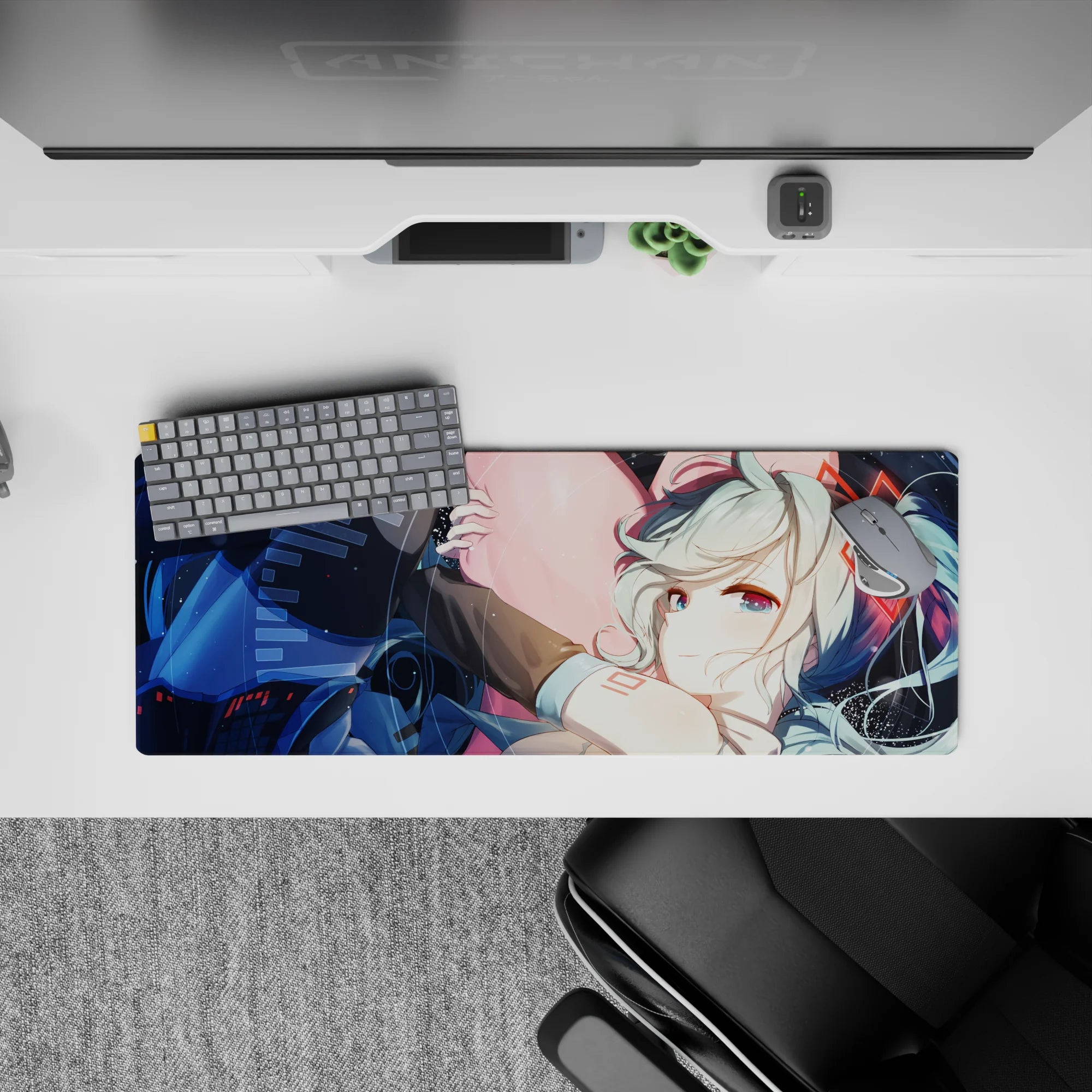 32x12 inches desk mouse pad in deep space blues with sparkles, red accents, and dreamy late-night vibe.