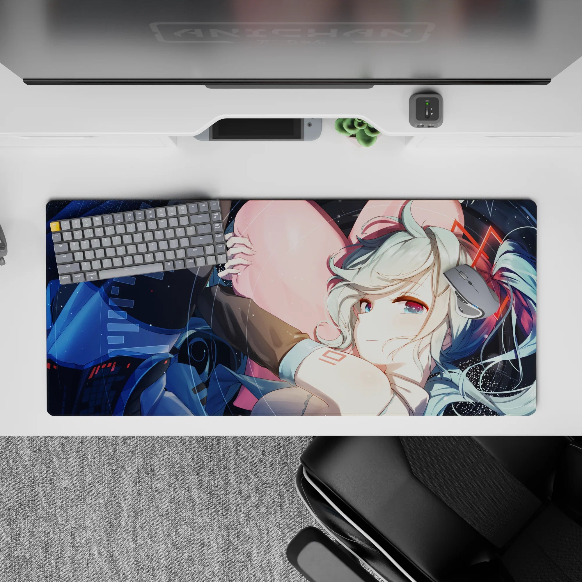 Dreamy late-night vibe desk pad 36x16 inches in deep space blues, mint accents, sparkles, and red lines.
