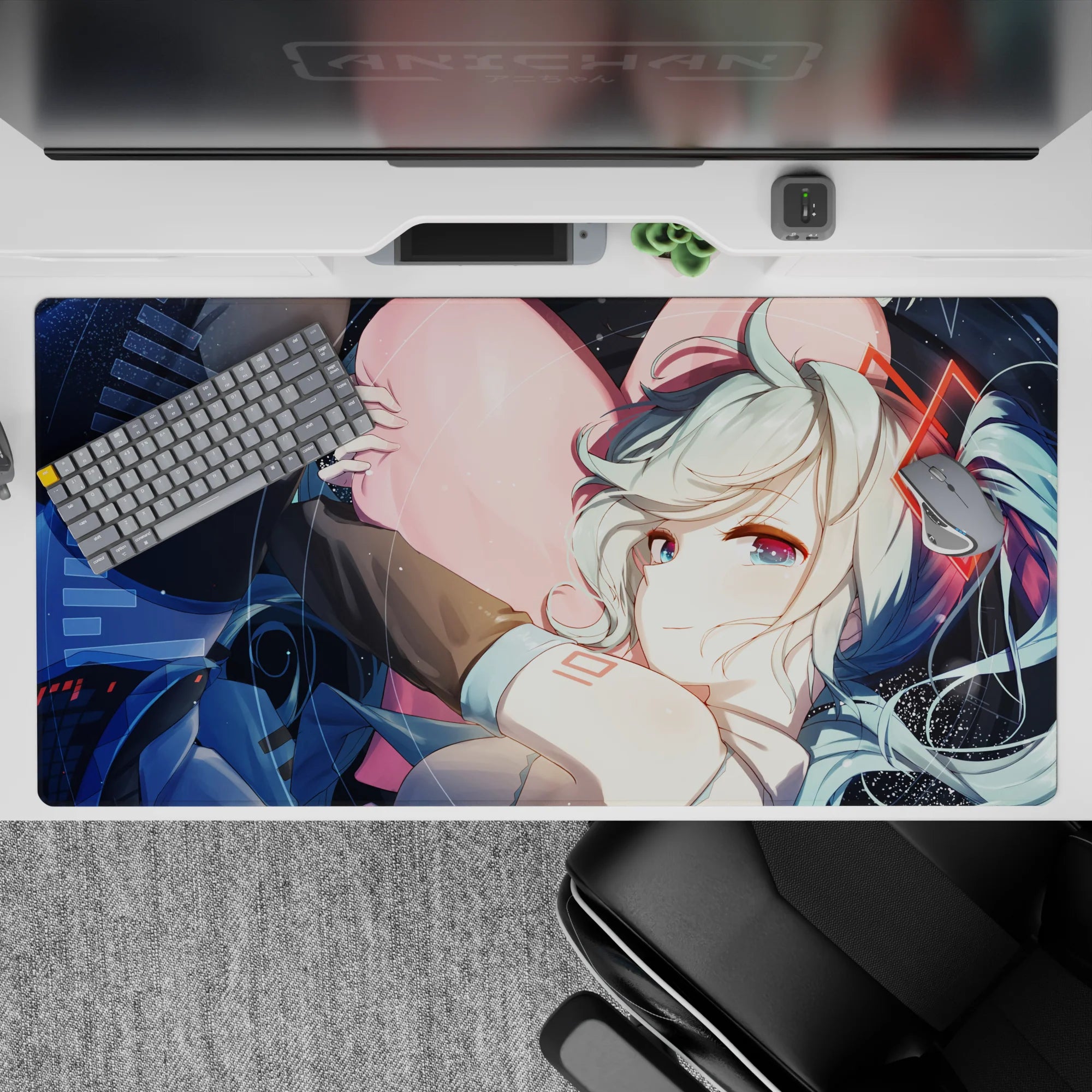Dreamy late-night anime desk pad 40x20 inches in deep space blues with sparkles and red line accents.