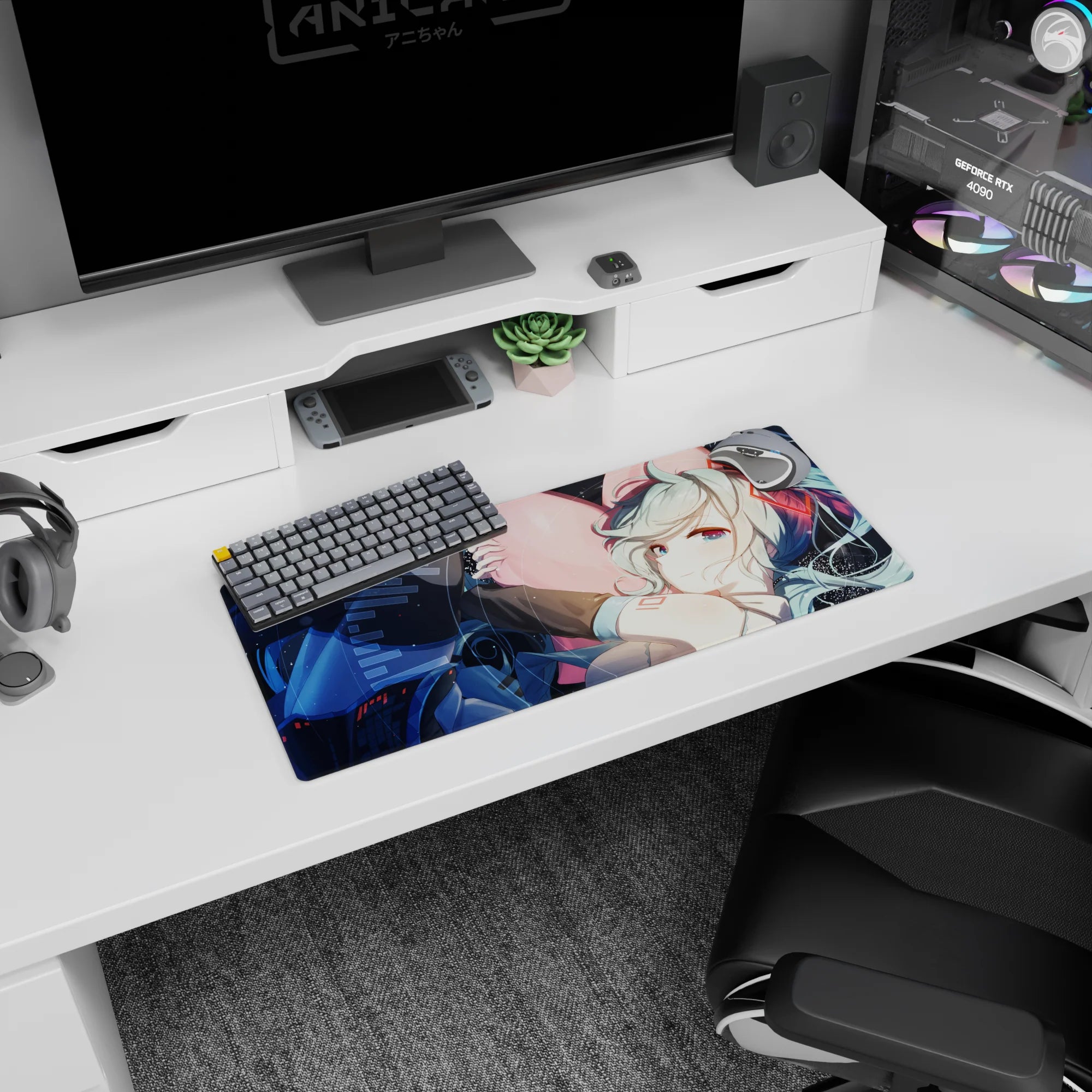 28x12 inches Hatsune Miku mouse pad from Vocaloid, cuddling a big pink heart with swirling twin-tails.