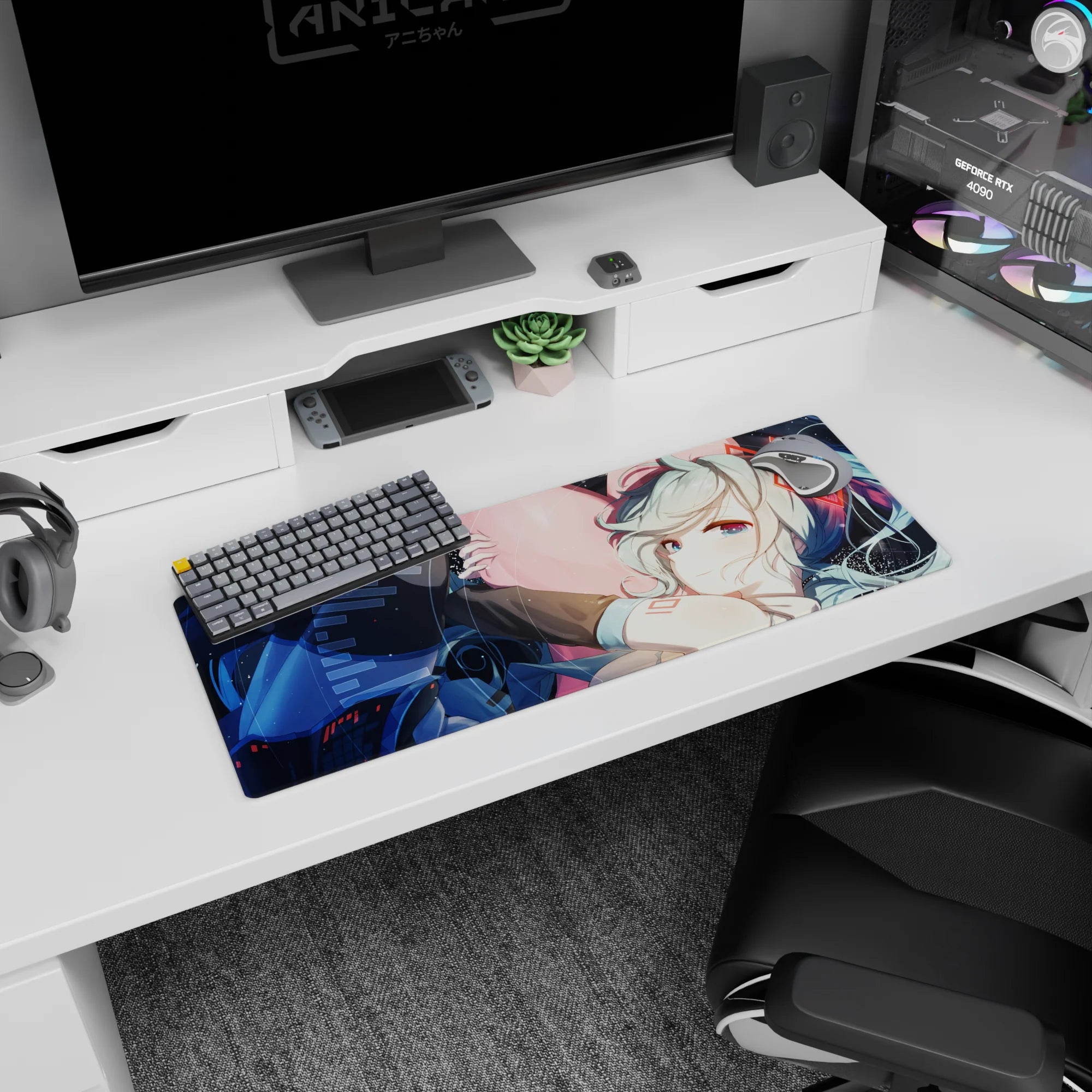 32x12 inches Hatsune Miku Vocaloid mouse pad hugging a big pink heart, mint pigtails flowing across space.