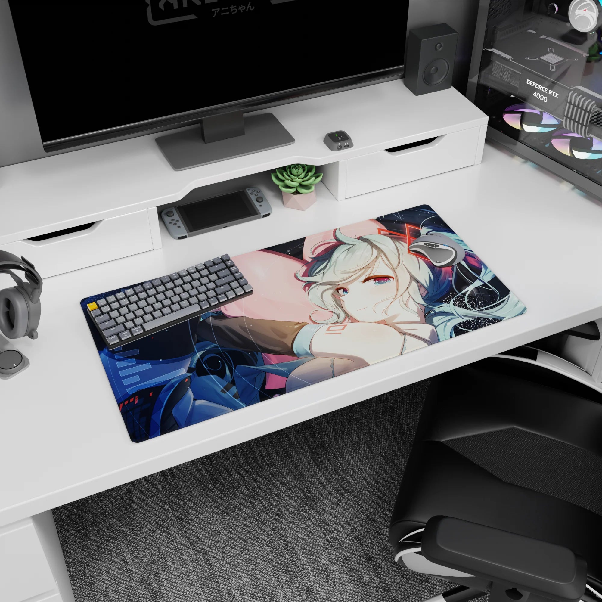 32x16 inches Hatsune Miku Vocaloid mouse pad hugging a big pink heart, twin-tails swirling across space.