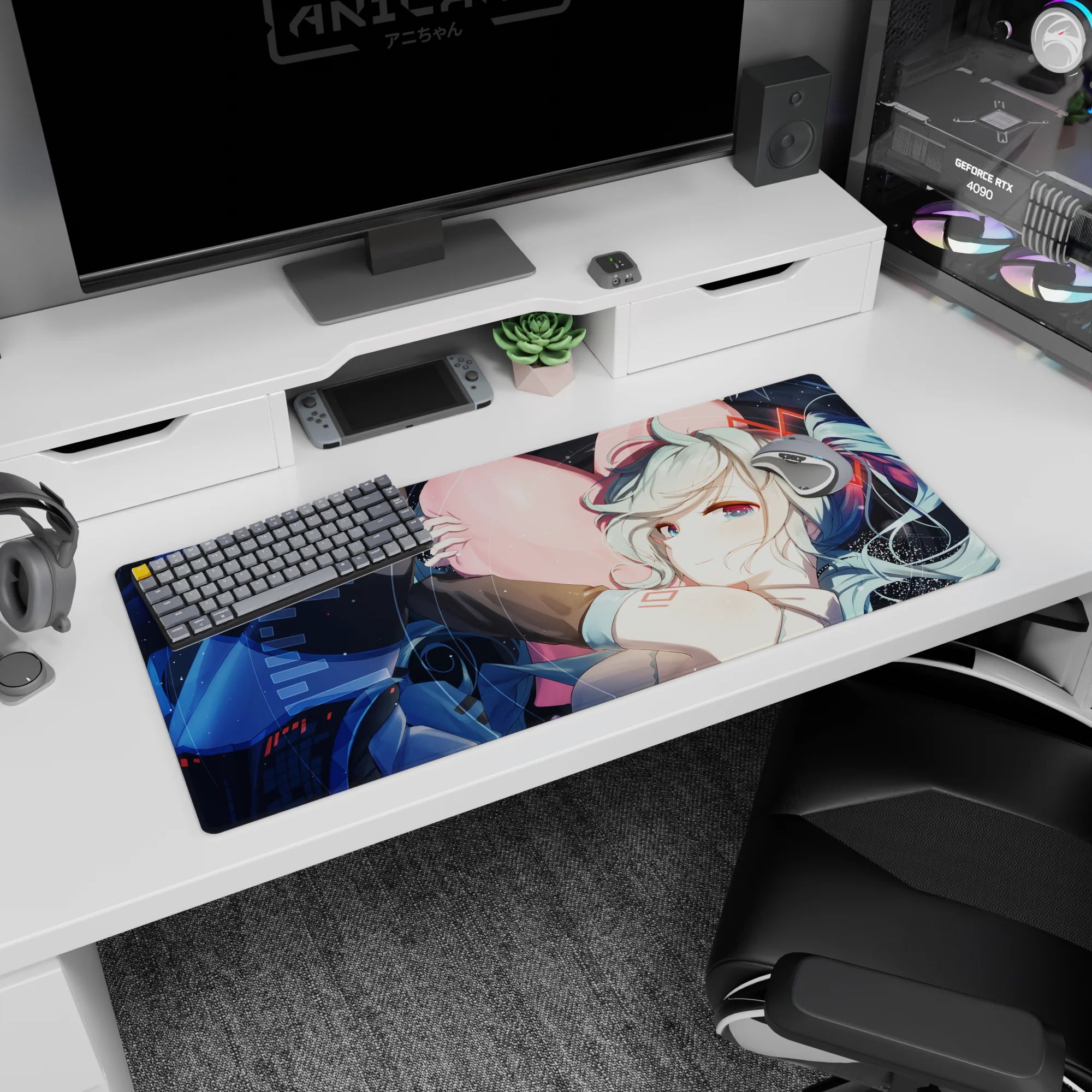 Hatsune Miku Vocaloid desk pad 36x16 inches, mint twin-tails swirling as she hugs a big pink heart.