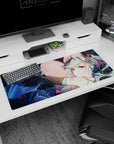 Hatsune Miku Vocaloid desk pad 36x16 inches, mint twin-tails swirling as she hugs a big pink heart.