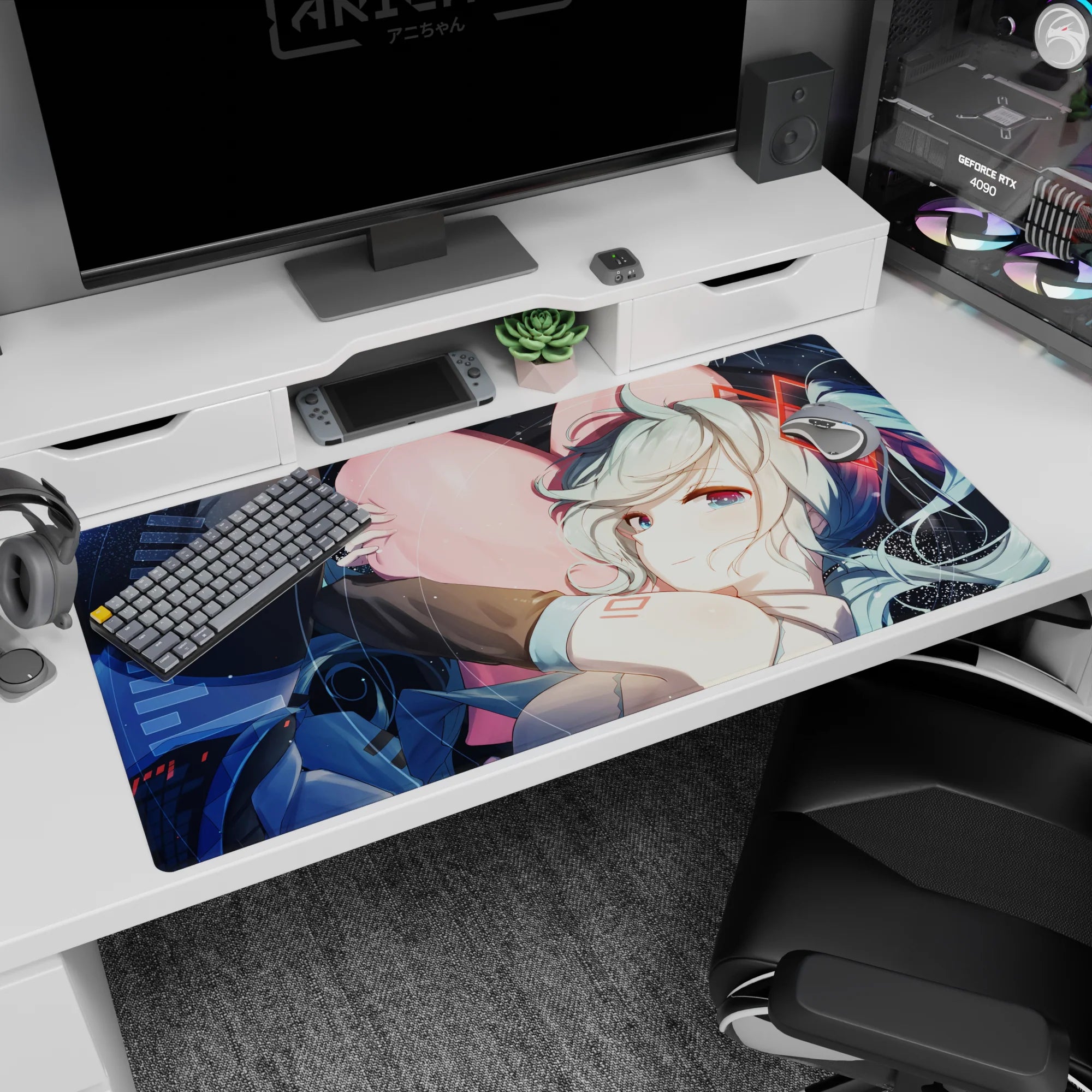 Hatsune Miku Vocaloid desk pad 40x20 inches hugging a big pink heart, twin-tails flowing in space.
