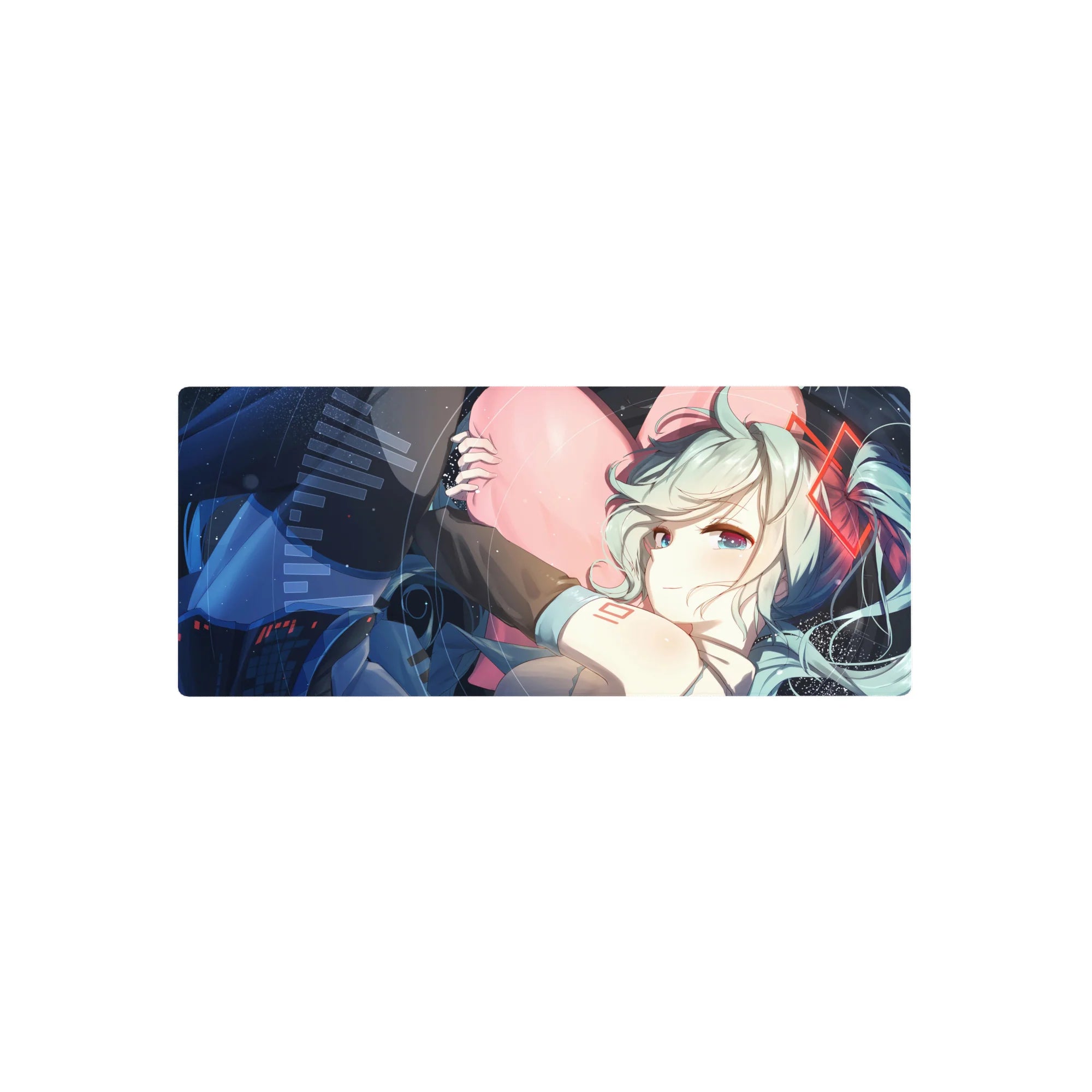 28x12 inches anime girl mouse pad with mint twin-tails hugging a pink heart on a techy space backdrop.