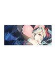 28x12 inches anime girl mouse pad with mint twin-tails hugging a pink heart on a techy space backdrop.