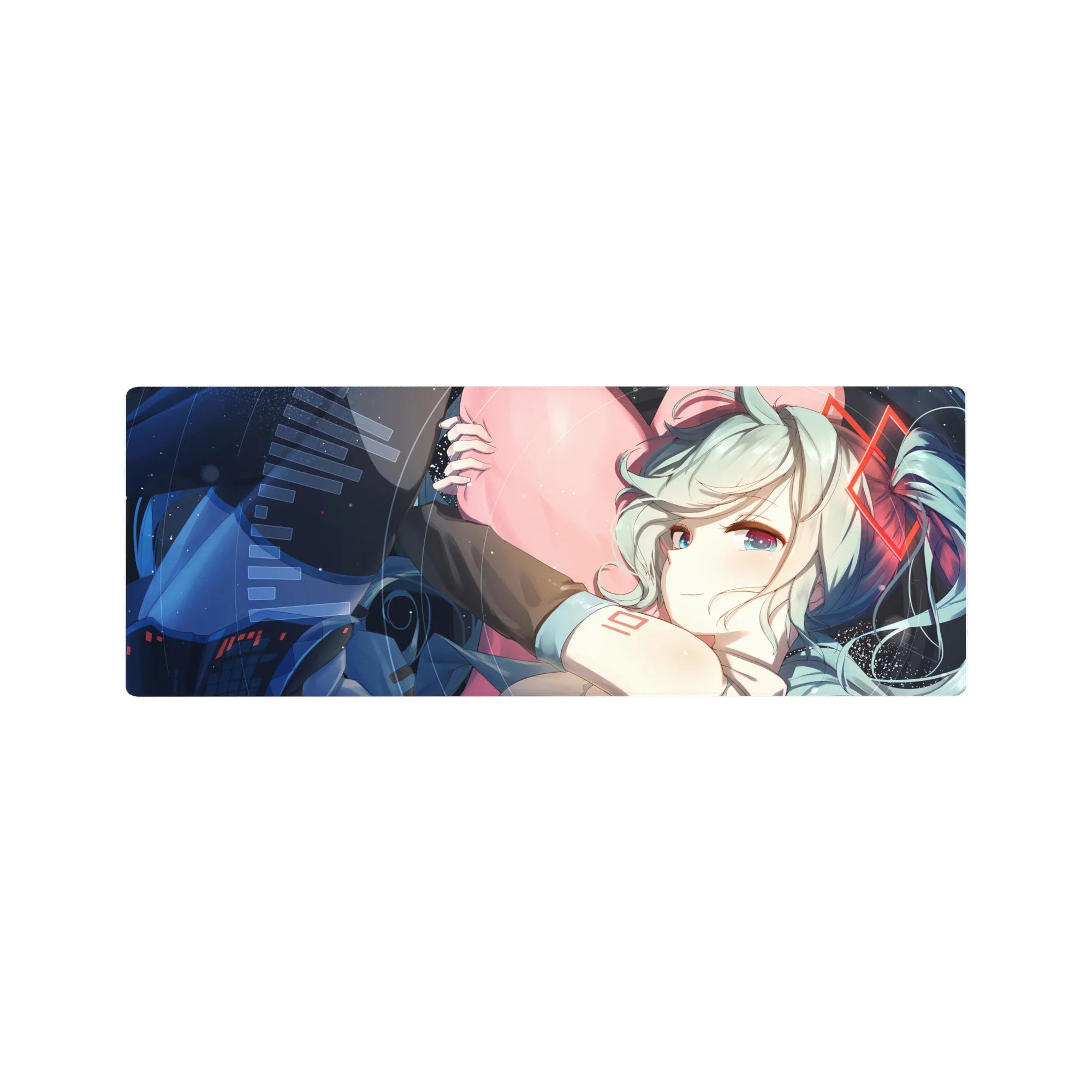 32x12 inches anime girl mouse pad with mint twin-tails, pink heart hug, and sleek space-tech frame.