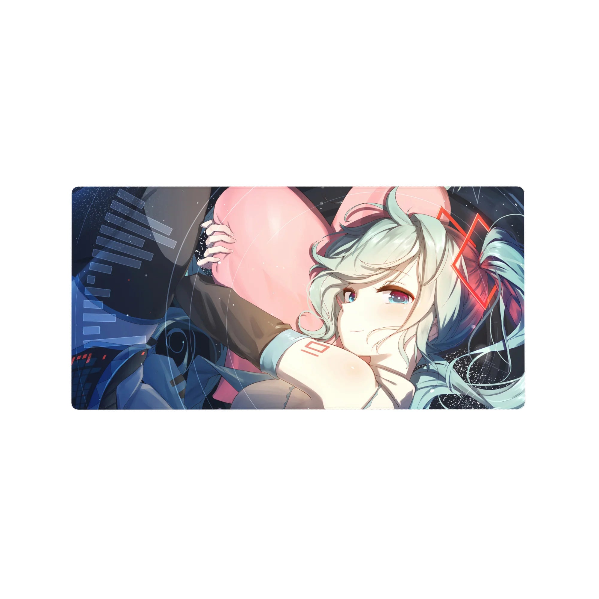 32x16 inches anime girl mouse pad with mint twin-tails, pink heart hug, and sleek space-tech frame.