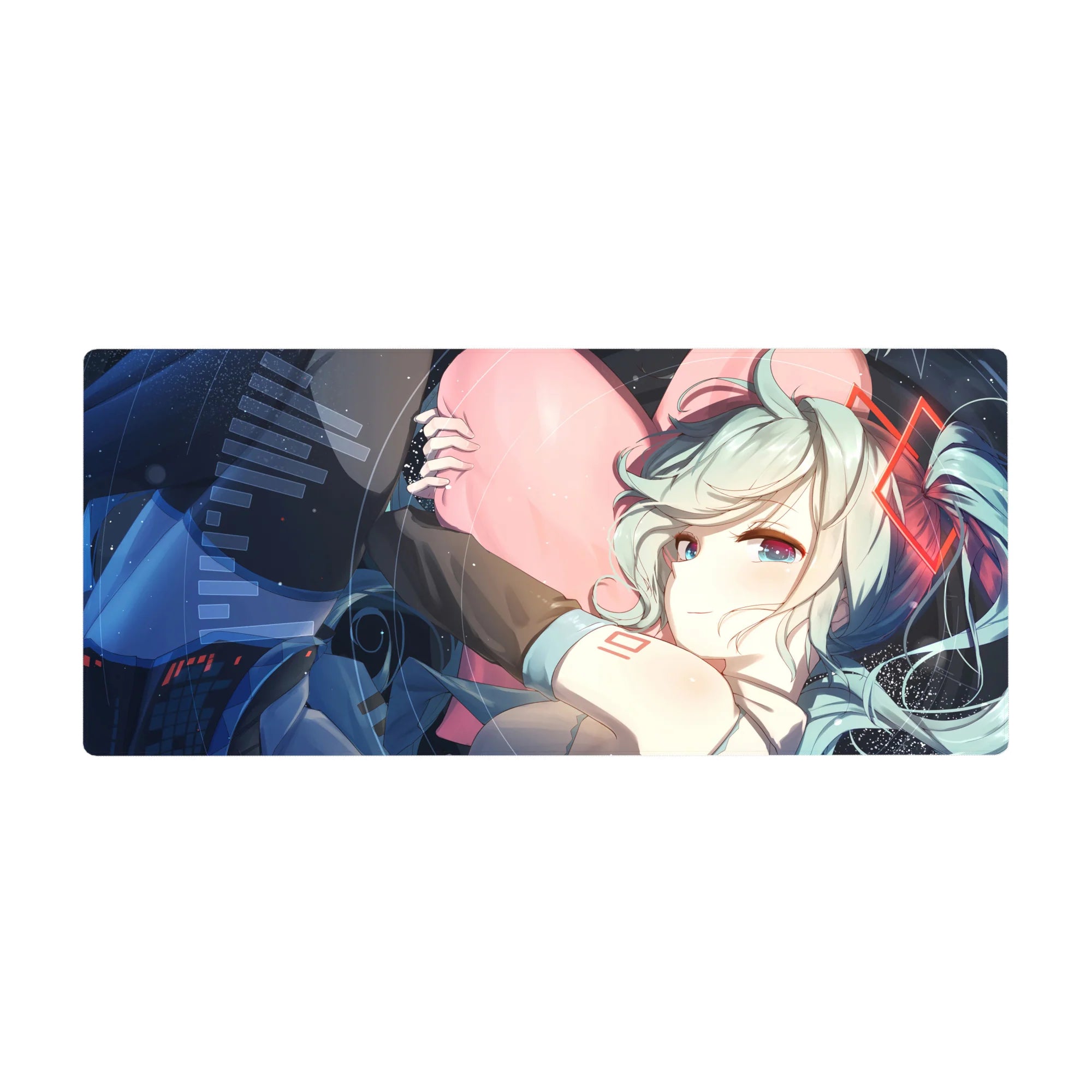 Anime girl desk pad 36x16 inches with twin-tail idol hugging a pink heart in a sleek space-tech frame.