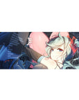 Anime girl desk pad 36x16 inches with twin-tail idol hugging a pink heart in a sleek space-tech frame.