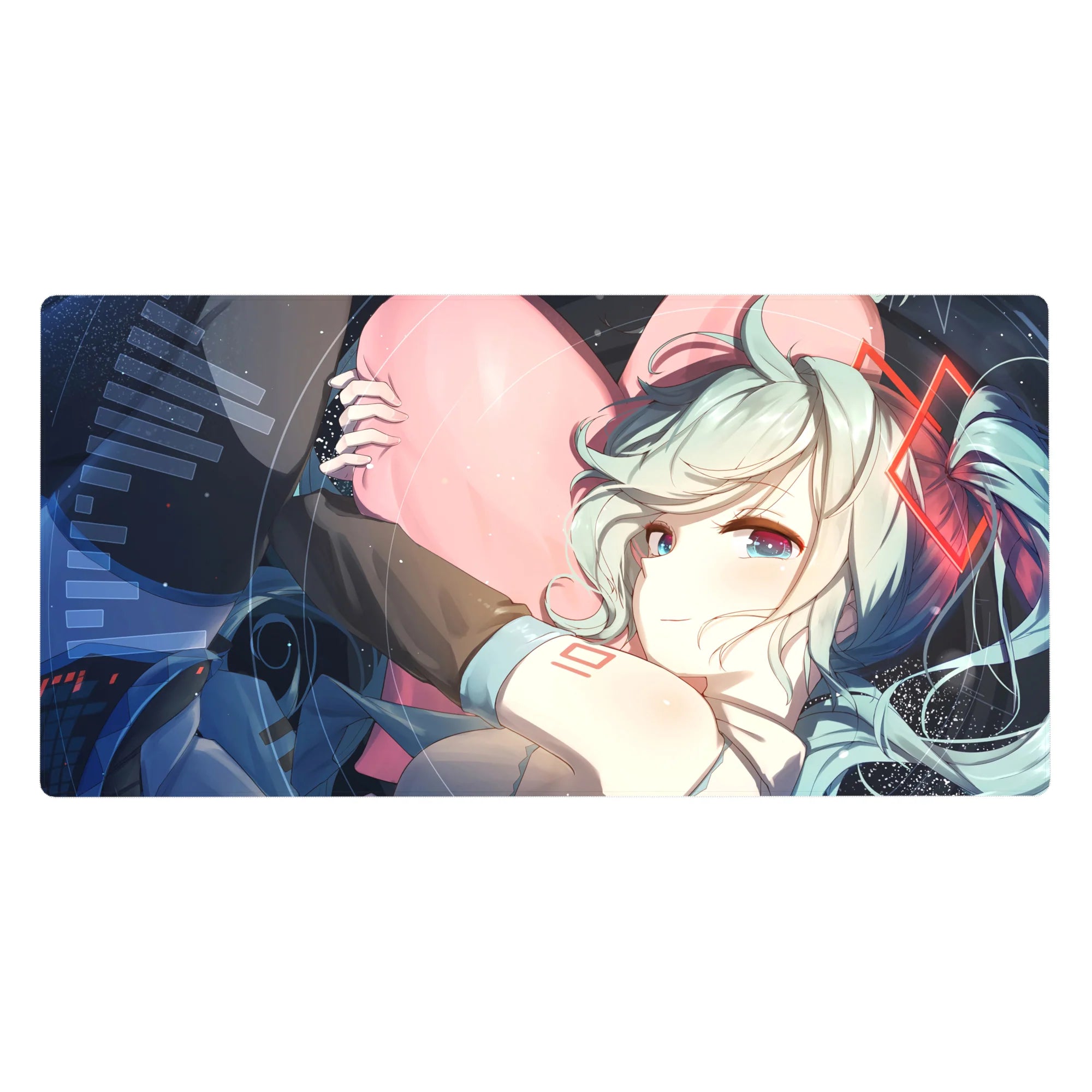 Anime girl desk pad 40x20 inches with mint twin-tails, pink heart hug, and sleek tech space frame.