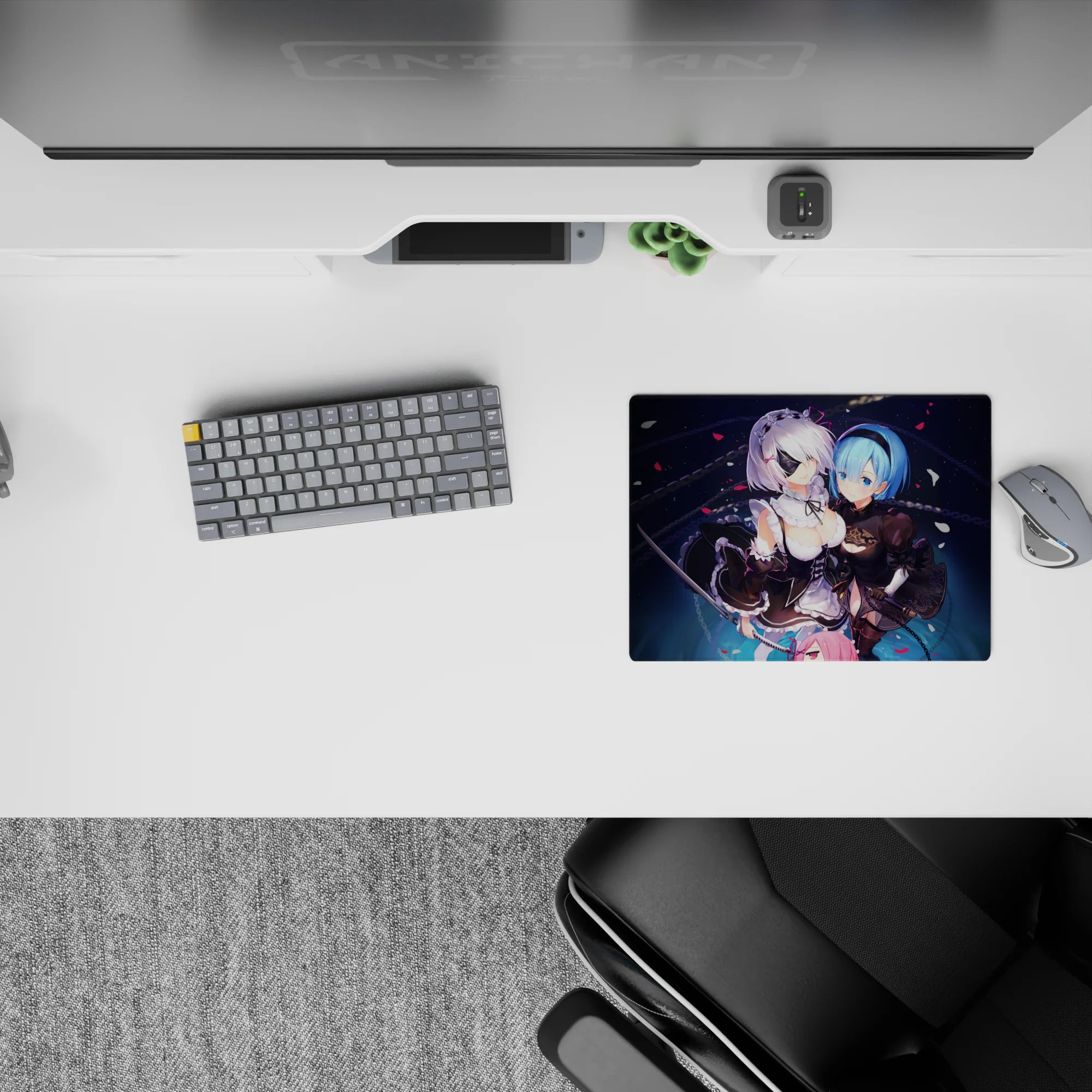 Romantic, dramatic 14x10 inches anime mouse pad in crisp blacks, icy blues, and soft whites on navy.